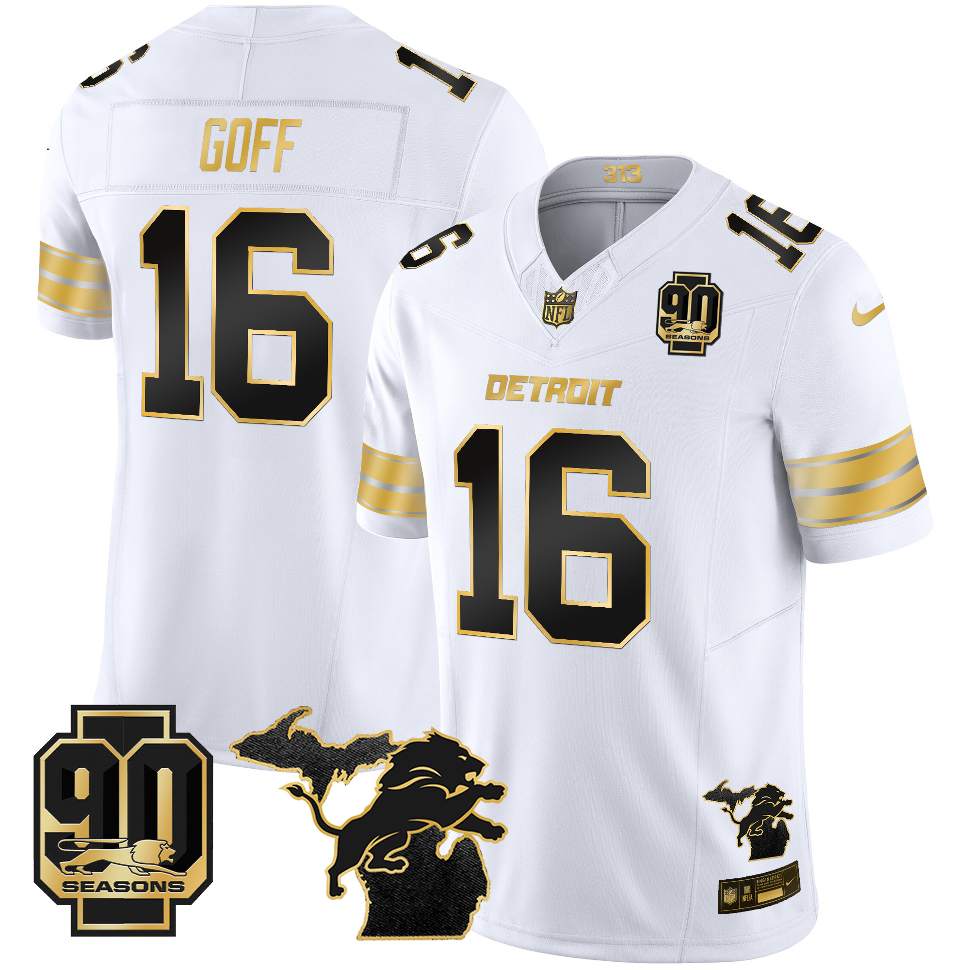 Men's Jared Goff Detroit Lions 2024 Michigan & 90th Season Patch Gold Vapor Limited White Gold Jersey - All Stitched