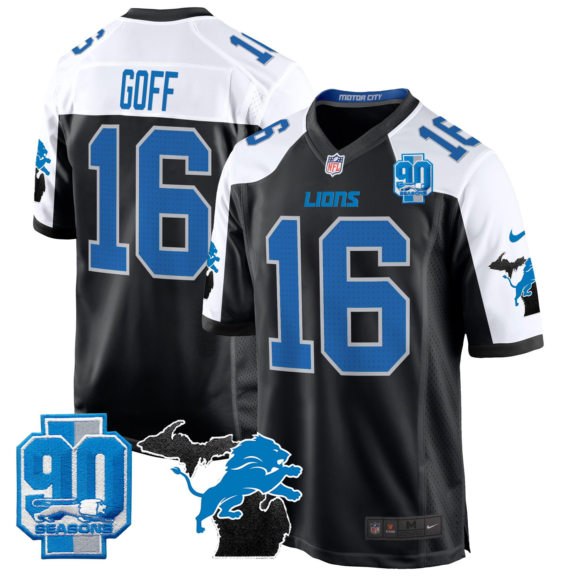 Men's Jared Goff Detroit Lions 2024 Michigan & 90th Year Patch Game Alternate Jersey - All Stitched