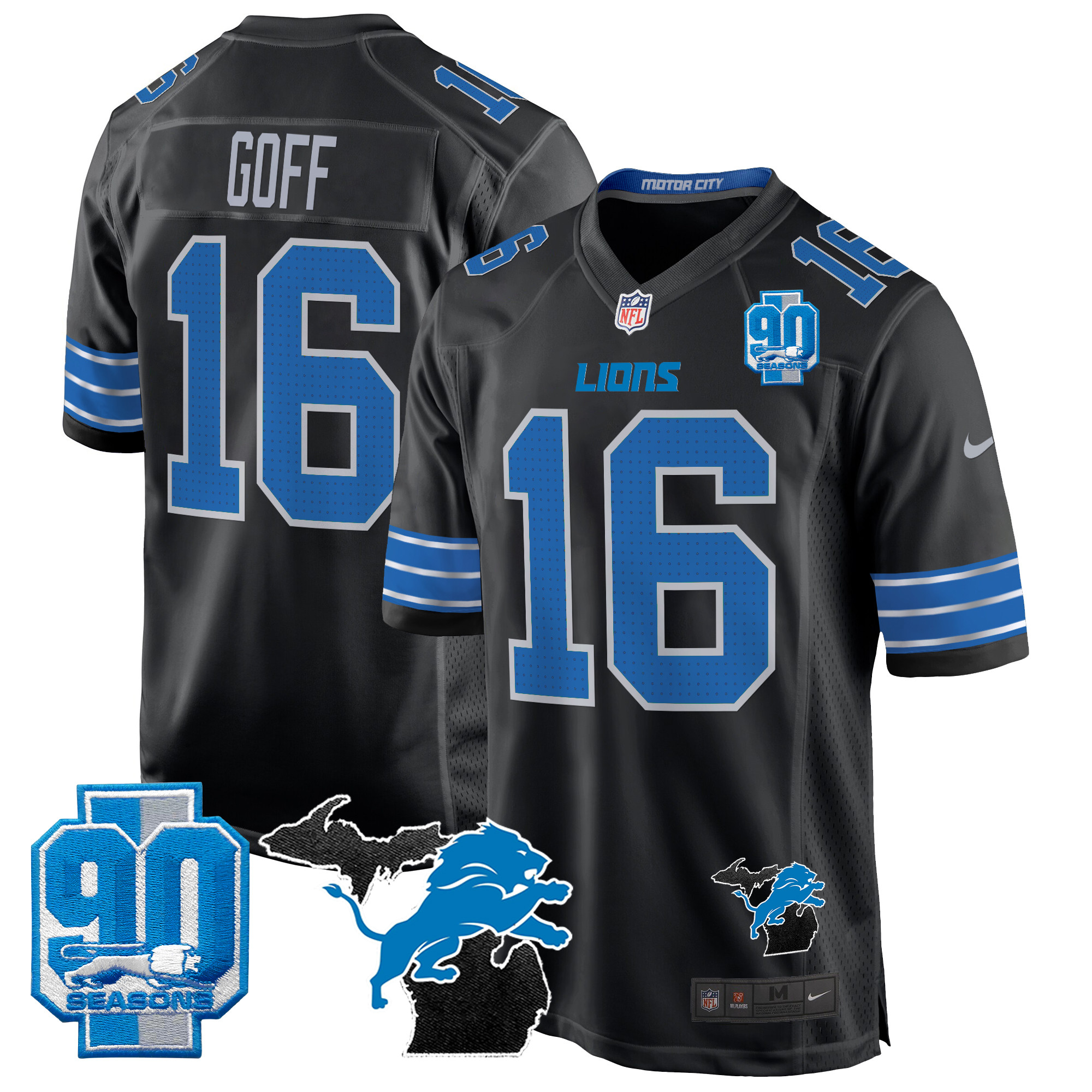 Men's Jared Goff Detroit Lions 2024 Michigan & 90th Year Patch Game Black Jersey - All Stitched