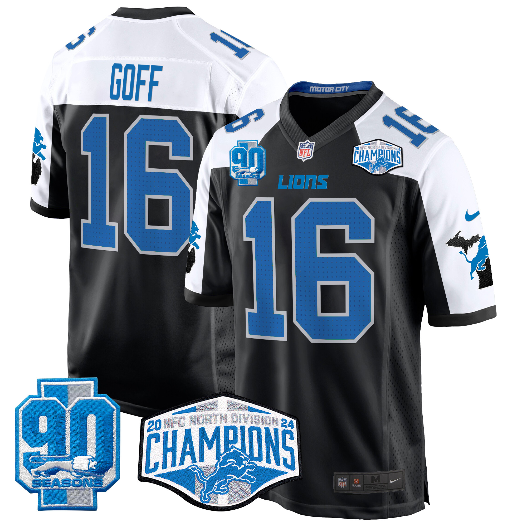 Men's Jared Goff Detroit Lions 2024 NFC North Division Champions Patch Game Black Alternate Jersey - All Stitched
