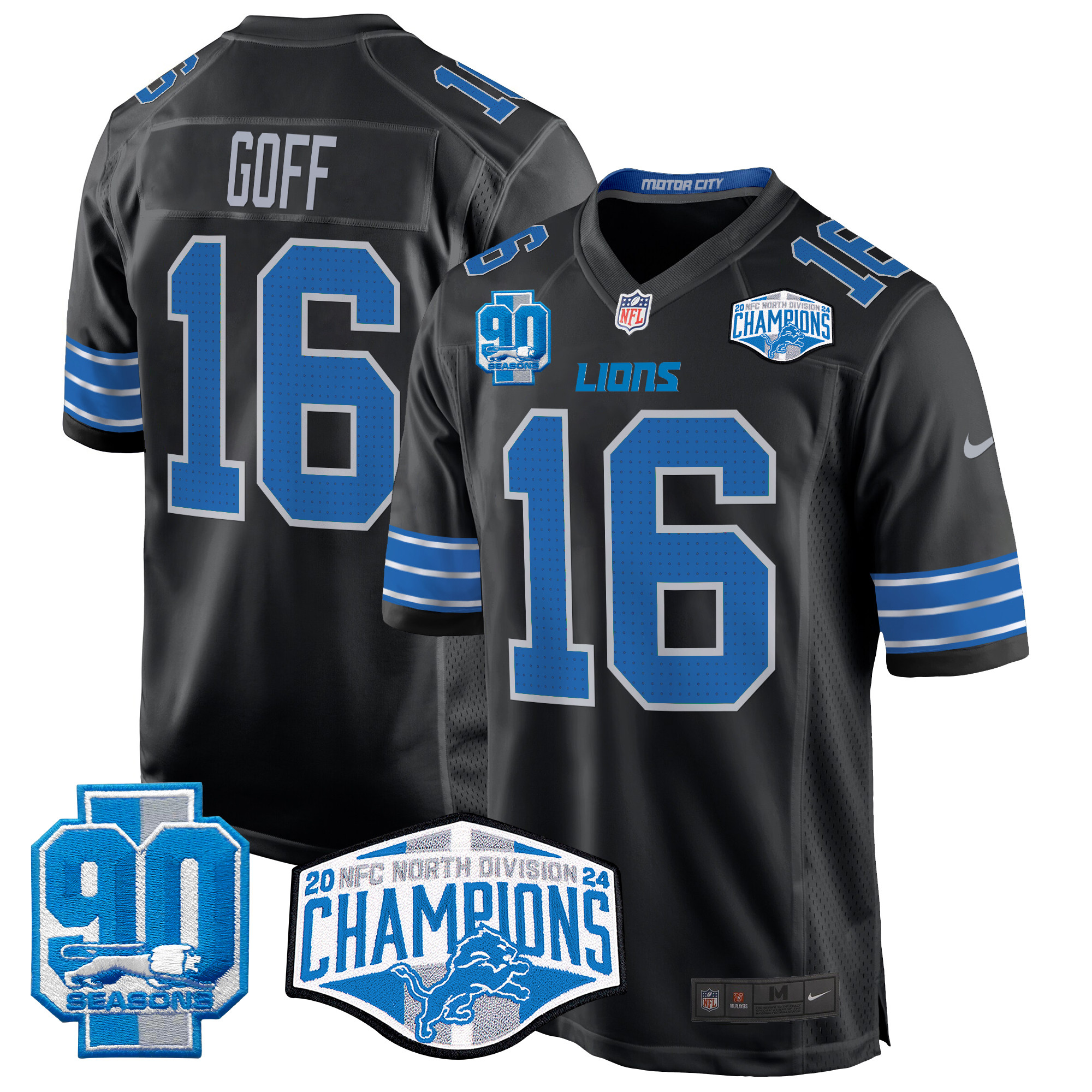 Men's Jared Goff Detroit Lions 2024 NFC North Division Champions Patch Game Black Jersey - All Stitched