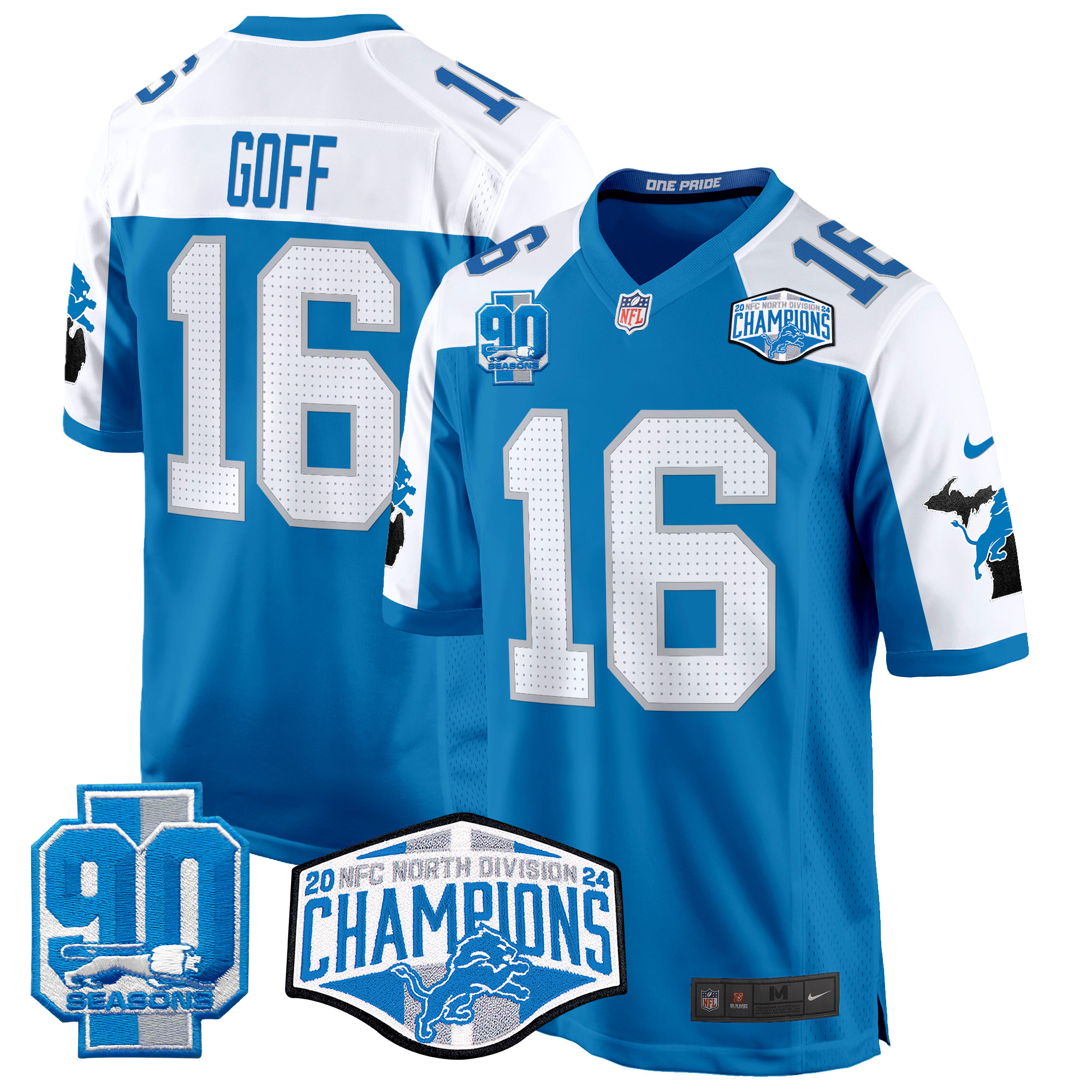 Men's Jared Goff Detroit Lions 2024 NFC North Division Champions Patch Game Blue Alternate Jersey - All Stitched
