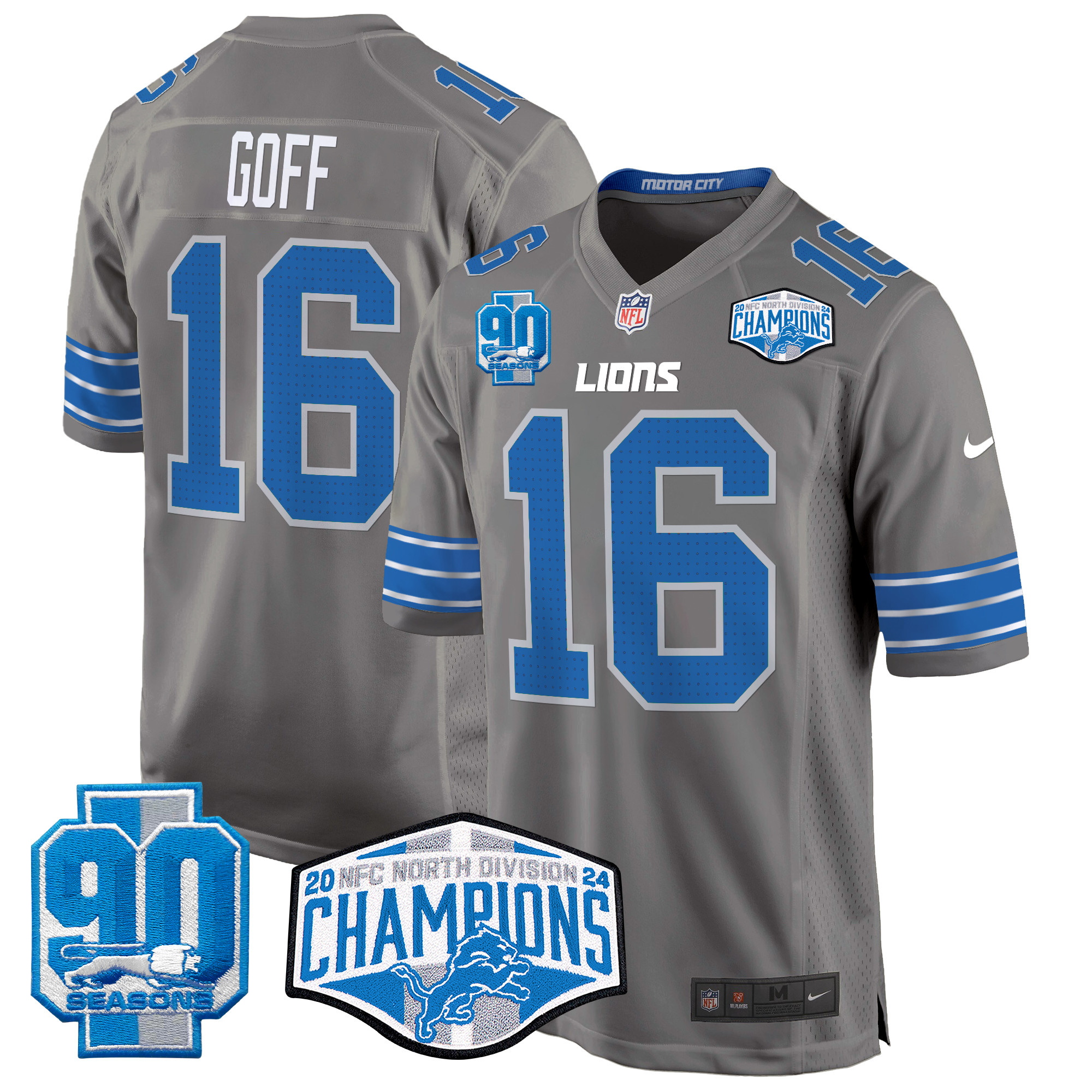 Men's Jared Goff Detroit Lions 2024 NFC North Division Champions Patch Game Gray Jersey - All Stitched