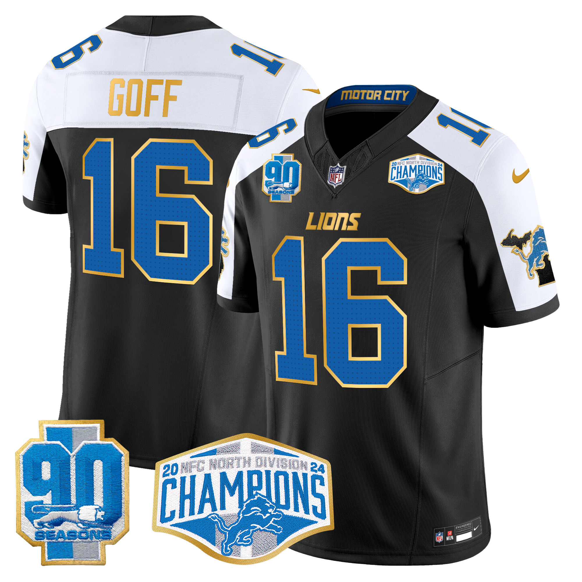 Men's Jared Goff Detroit Lions 2024 NFC North Division Champions Patch Gold Trim Vapor Limited Black Alternate Jersey - All Stitched