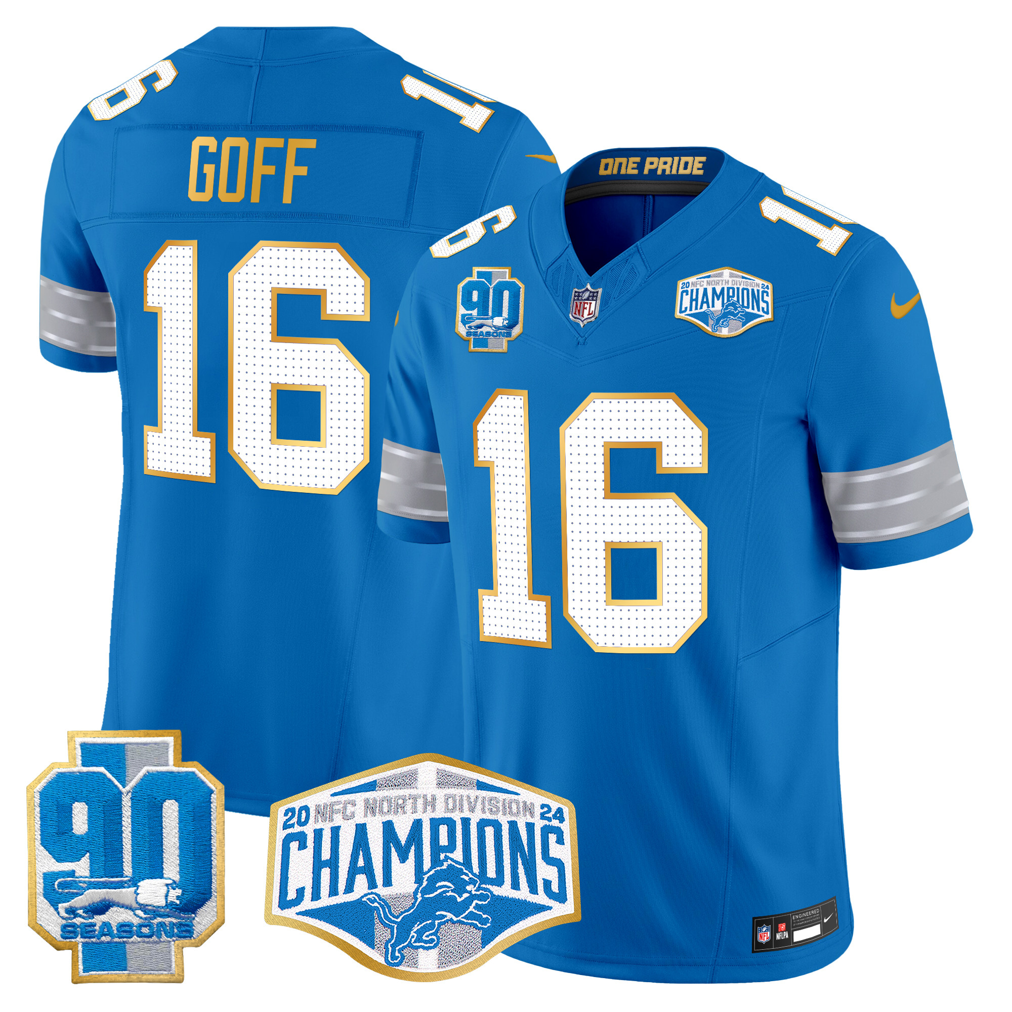 Men's Jared Goff Detroit Lions 2024 NFC North Division Champions Patch Gold Trim Vapor Limited Blue Jersey - All Stitched