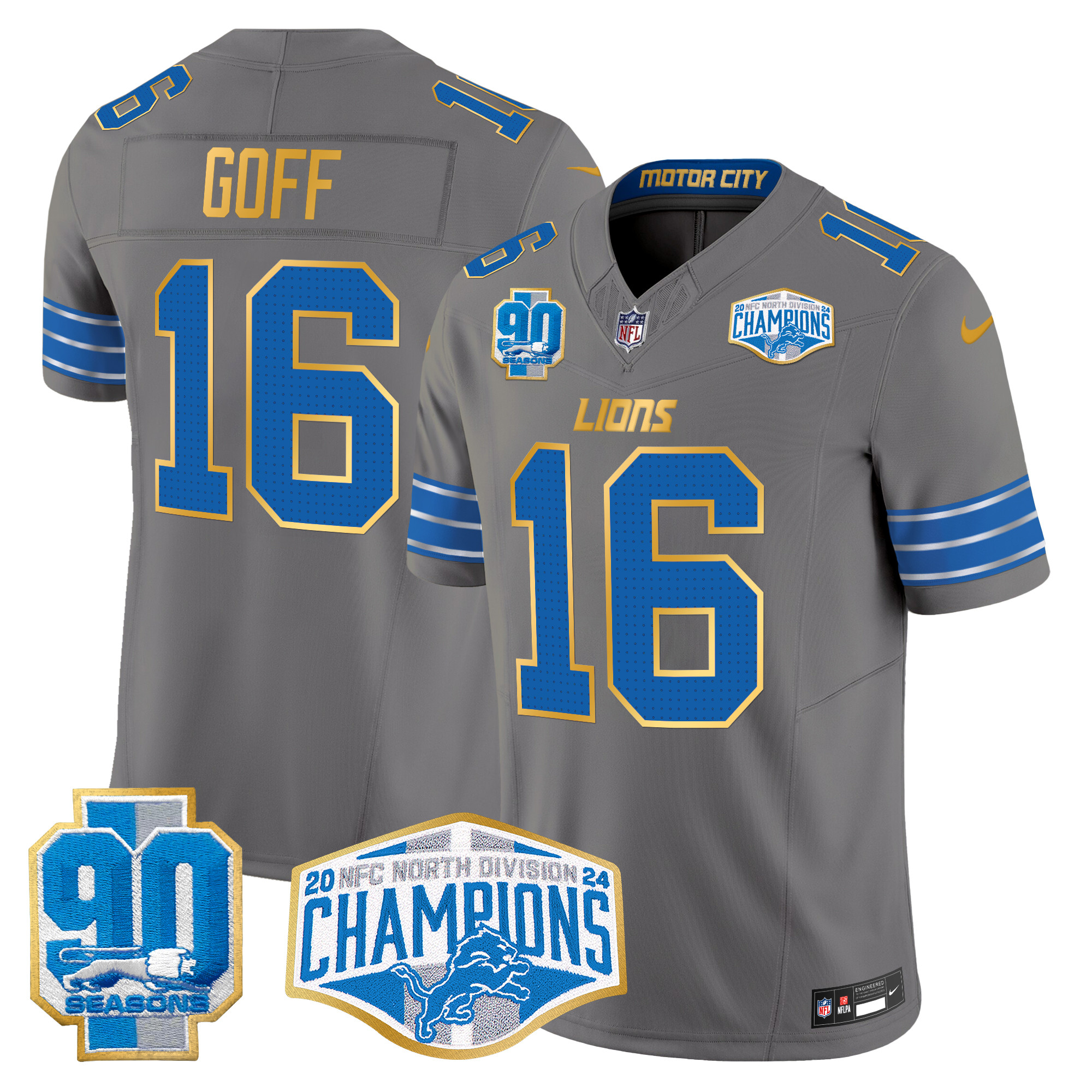 Men's Jared Goff Detroit Lions 2024 NFC North Division Champions Patch Gold Trim Vapor Limited Gray Jersey - All Stitched
