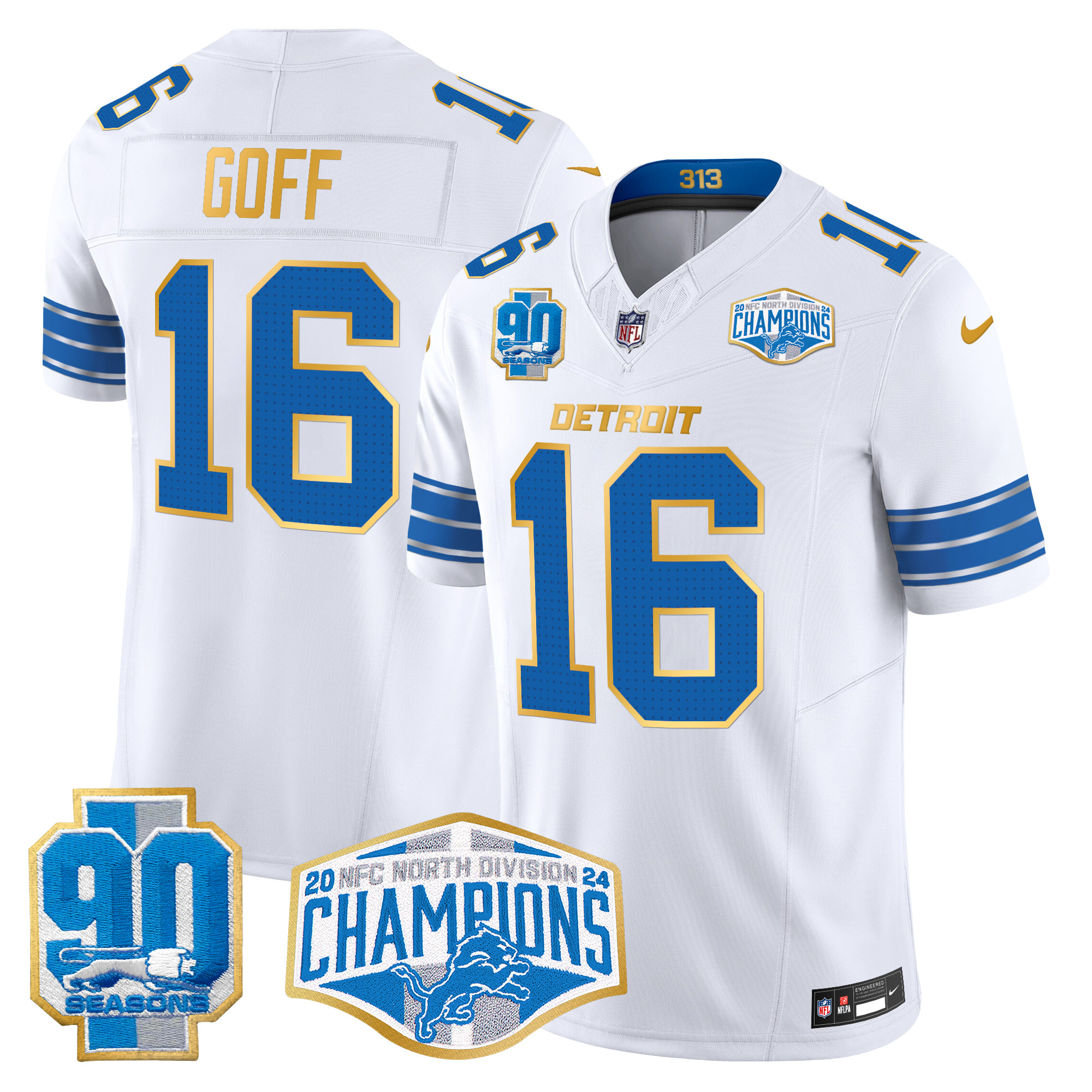 Men's Jared Goff Detroit Lions 2024 NFC North Division Champions Patch Gold Trim Vapor Limited White Jersey - All Stitched