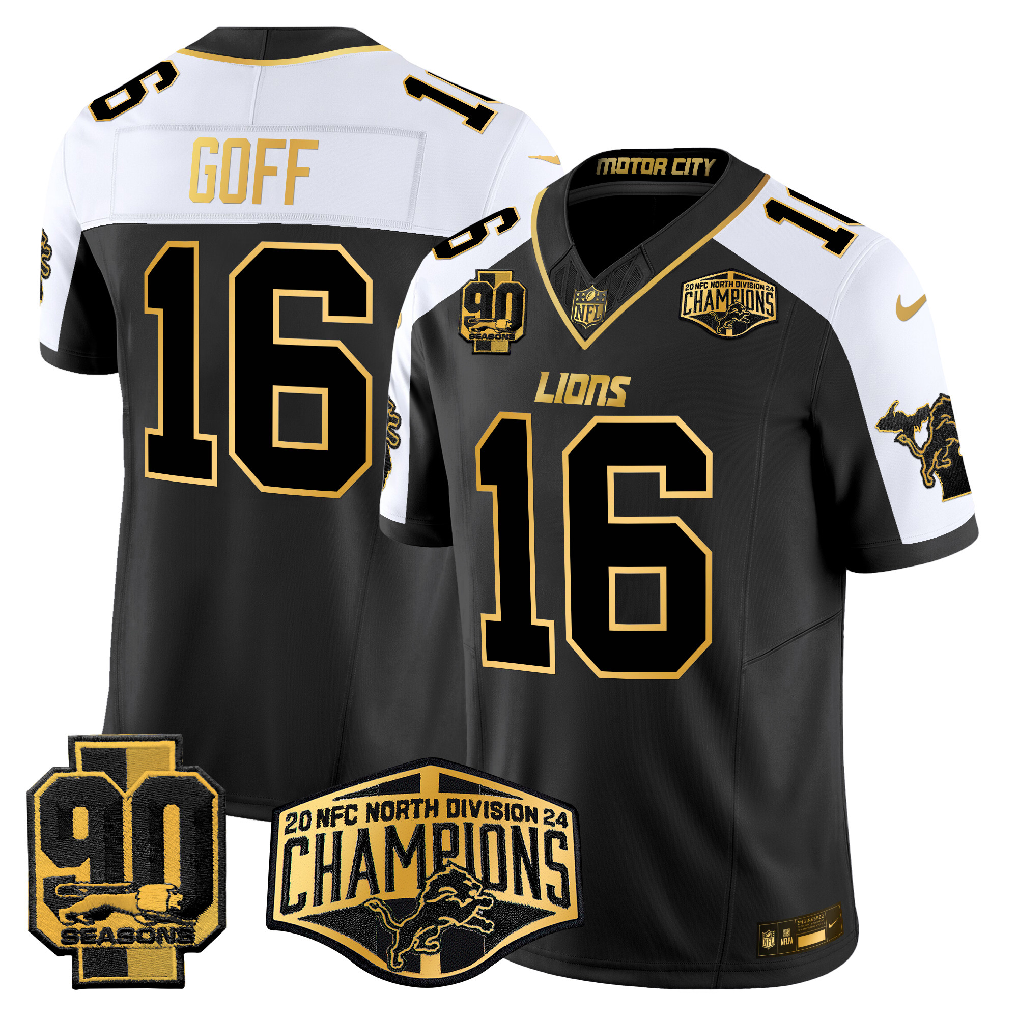Men's Jared Goff Detroit Lions 2024 NFC North Division Champions Patch Gold Vapor Limited Alternate Jersey - All Stitched