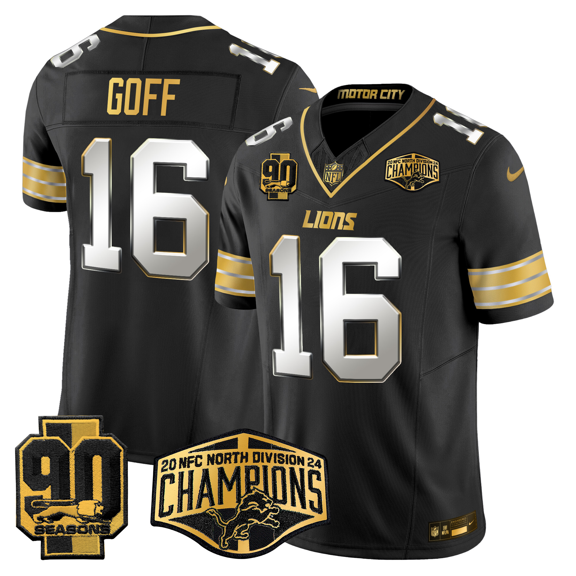 Men's Jared Goff Detroit Lions 2024 NFC North Division Champions Patch Gold Vapor Limited Black Limited Jersey - All Stitched