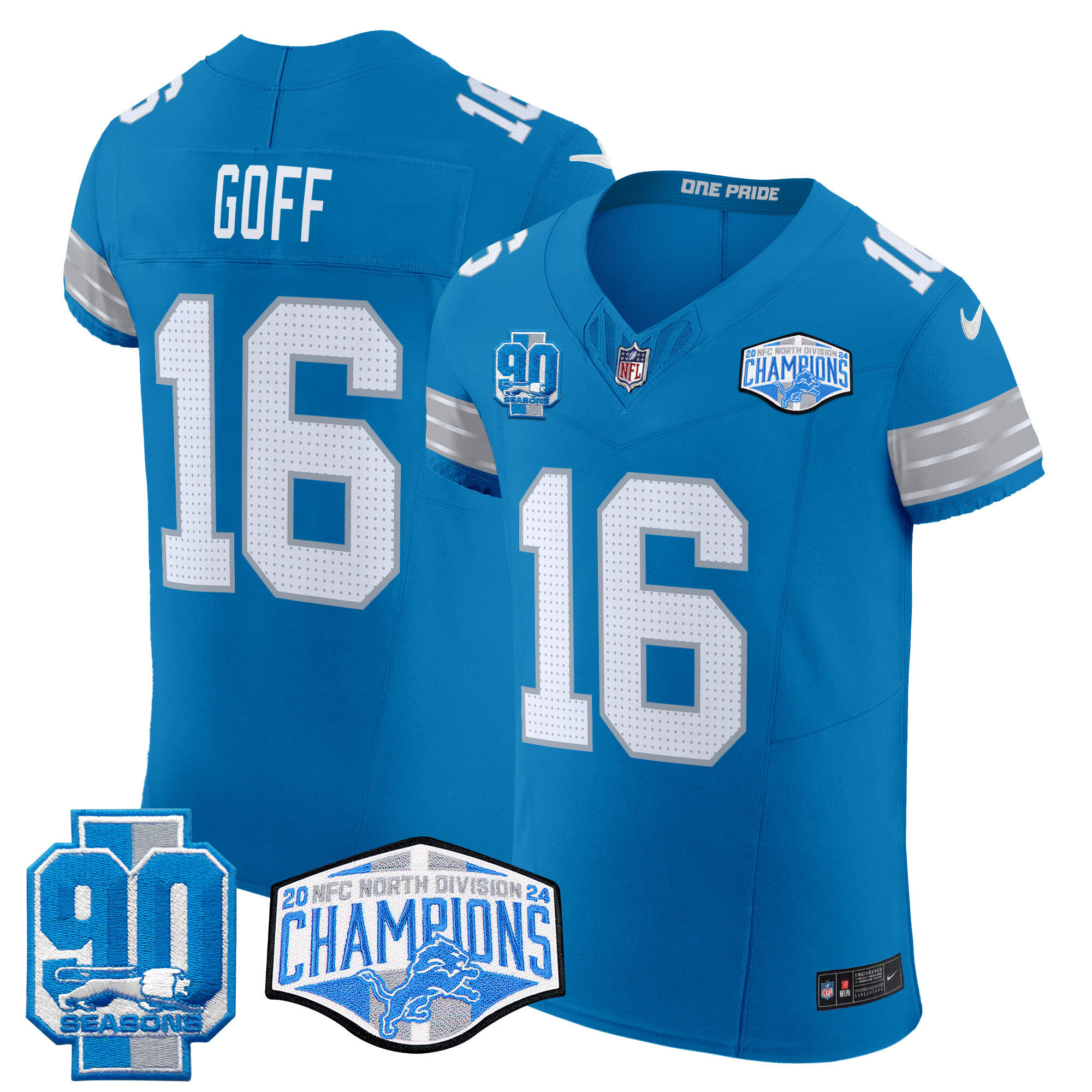 Men's Jared Goff Detroit Lions 2024 NFC North Division Champions Patch Vapor Elite Blue Jersey - All Stitched