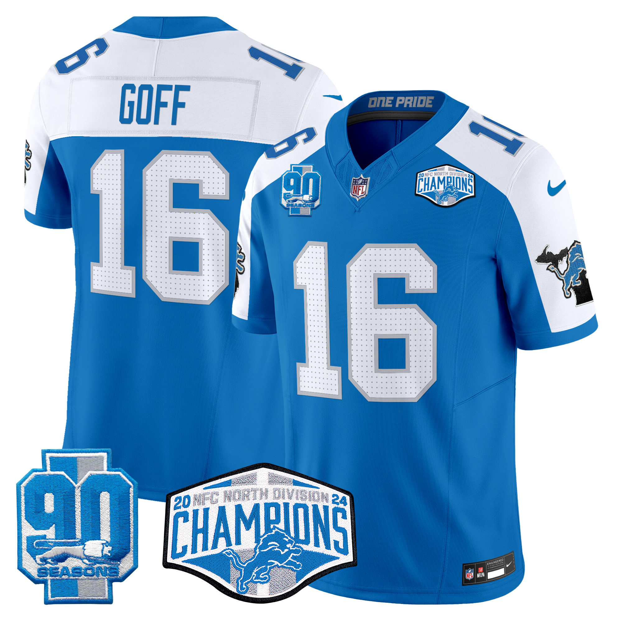 Men's Jared Goff Detroit Lions 2024 NFC North Division Champions Patch Vapor Limited Blue Alternate Jersey - All Stitched