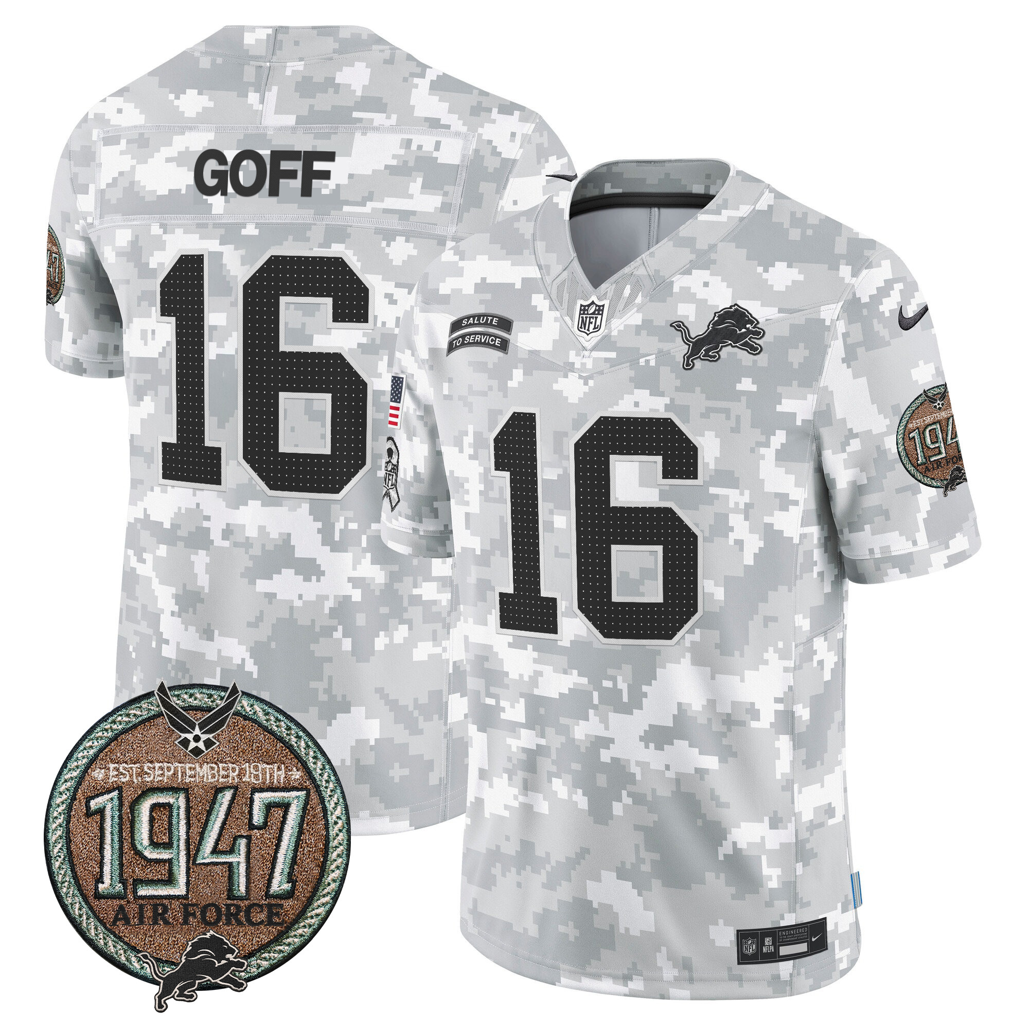 Men's Jared Goff Detroit Lions 2024 Salute to Service Establishment Year Patch Vapor Limited Air Force Jersey - All Stitched