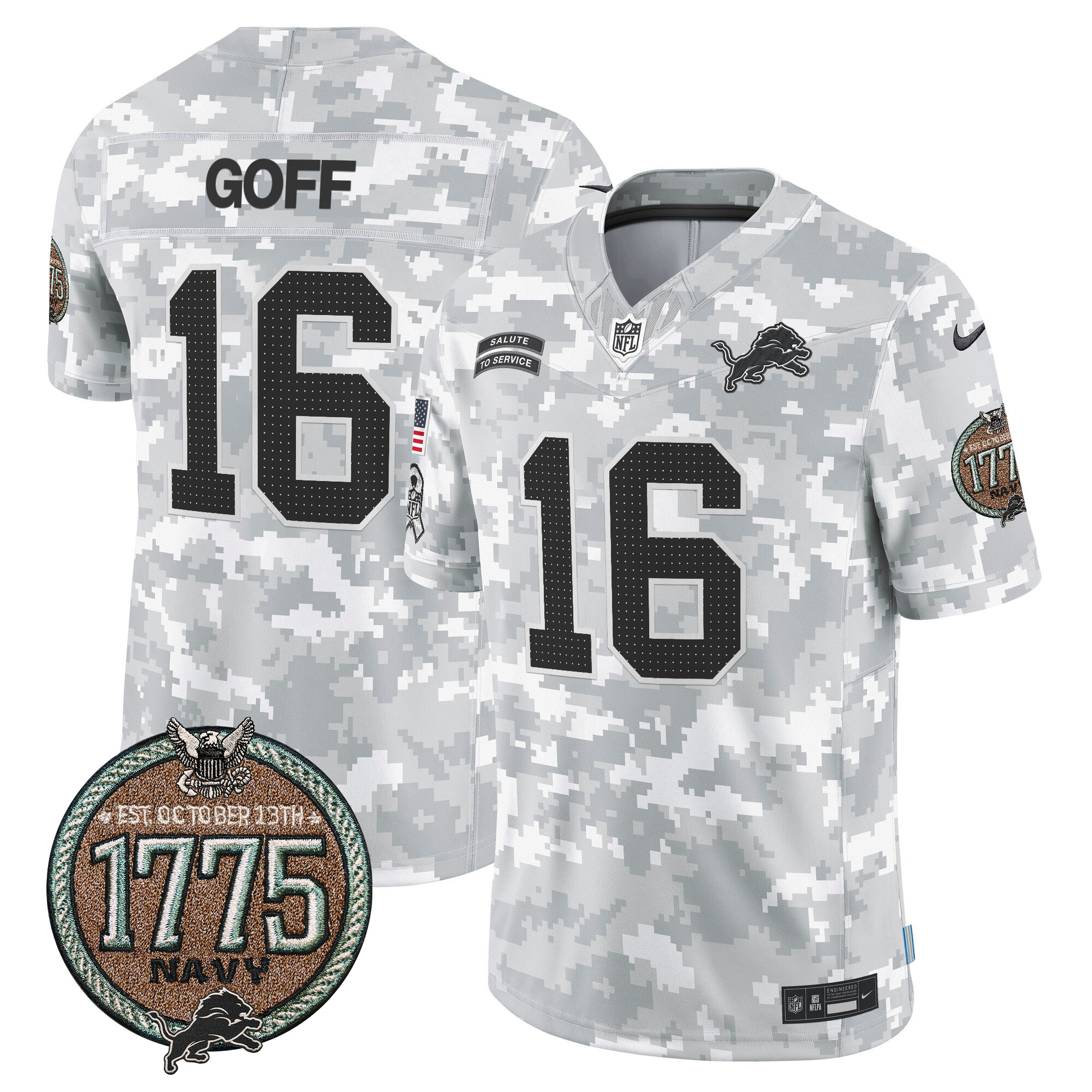 Men's Jared Goff Detroit Lions 2024 Salute to Service Establishment Year Patch Vapor Limited Navy Jersey - All Stitched