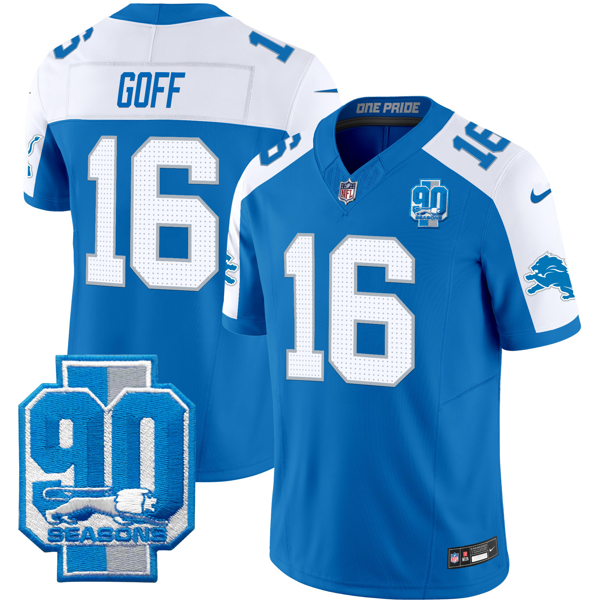 Men's Jared Goff Detroit Lions 90th Year Patch Vapor Limited Blue Alternate Jersey - All Stitched