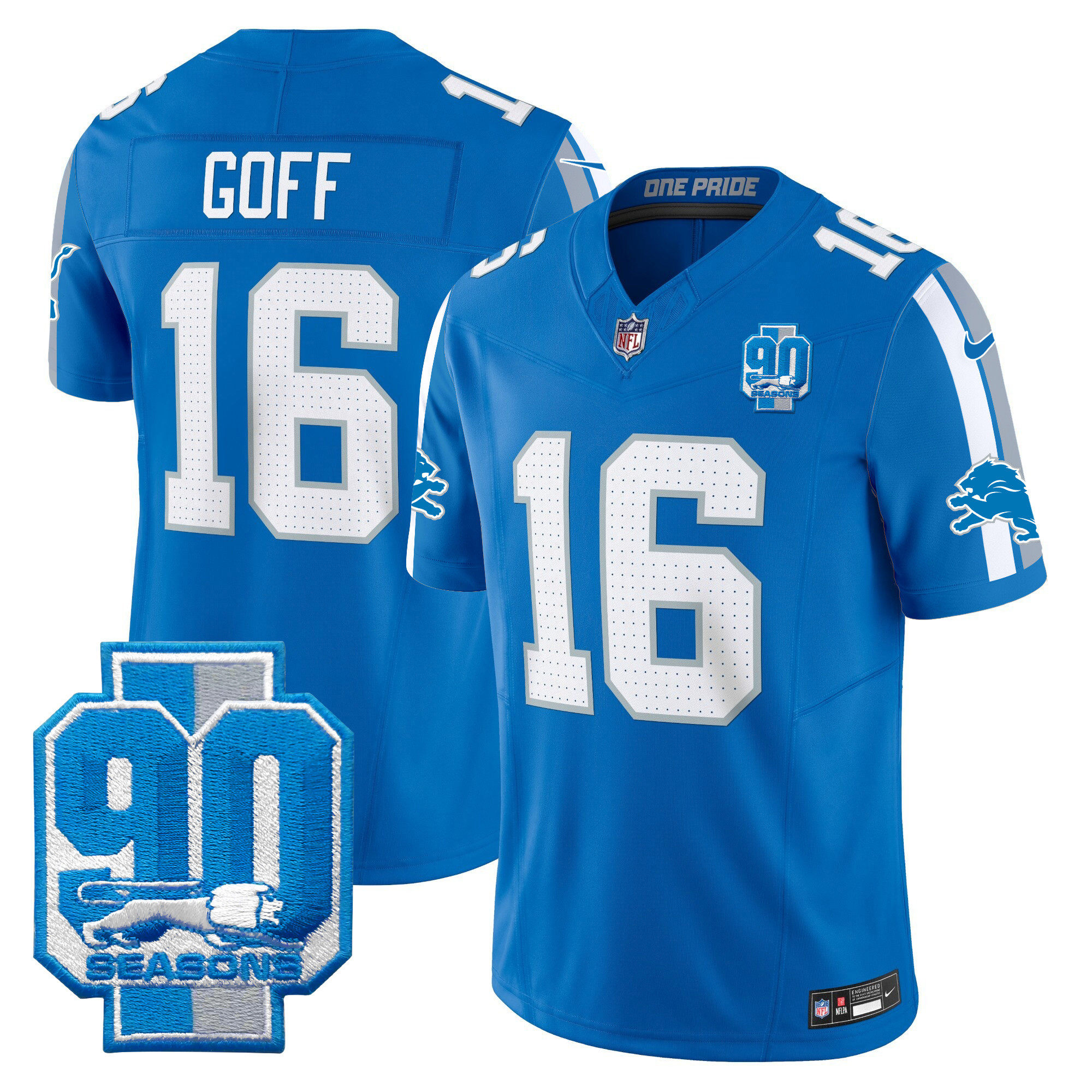 Men's Jared Goff Detroit Lions 90th Year Patch Vapor Limited Blue Jersey - All Stitched