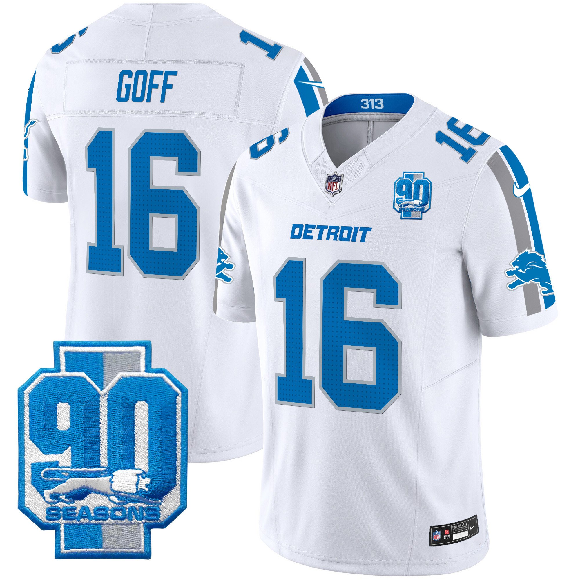Men's Jared Goff Detroit Lions 90th Year Patch Vapor Limited White Jersey - All Stitched
