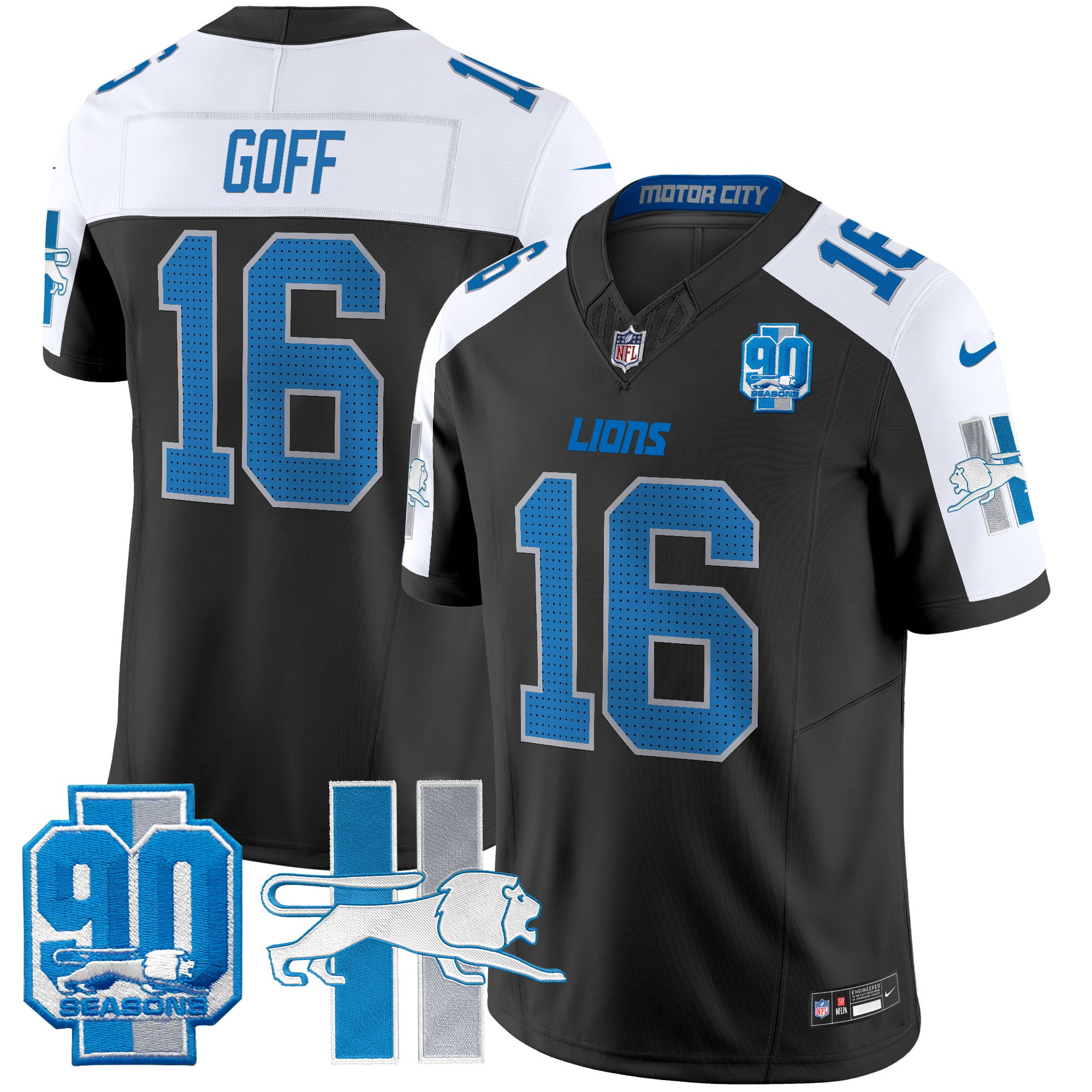 Men's Jared Goff Detroit Lions Throwback 90th Year Patch Vapor Limited Black Alternate Jersey - All Stitched