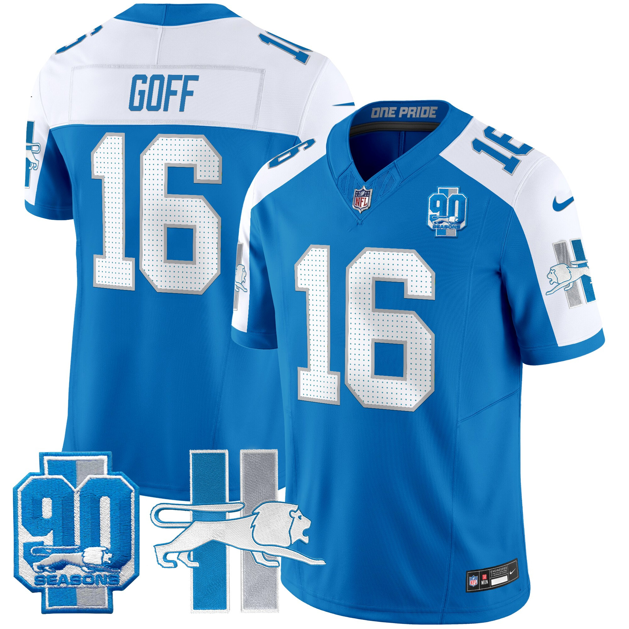 Men's Jared Goff Detroit Lions Throwback 90th Year Patch Vapor Limited Blue Alternate Jersey - All Stitched