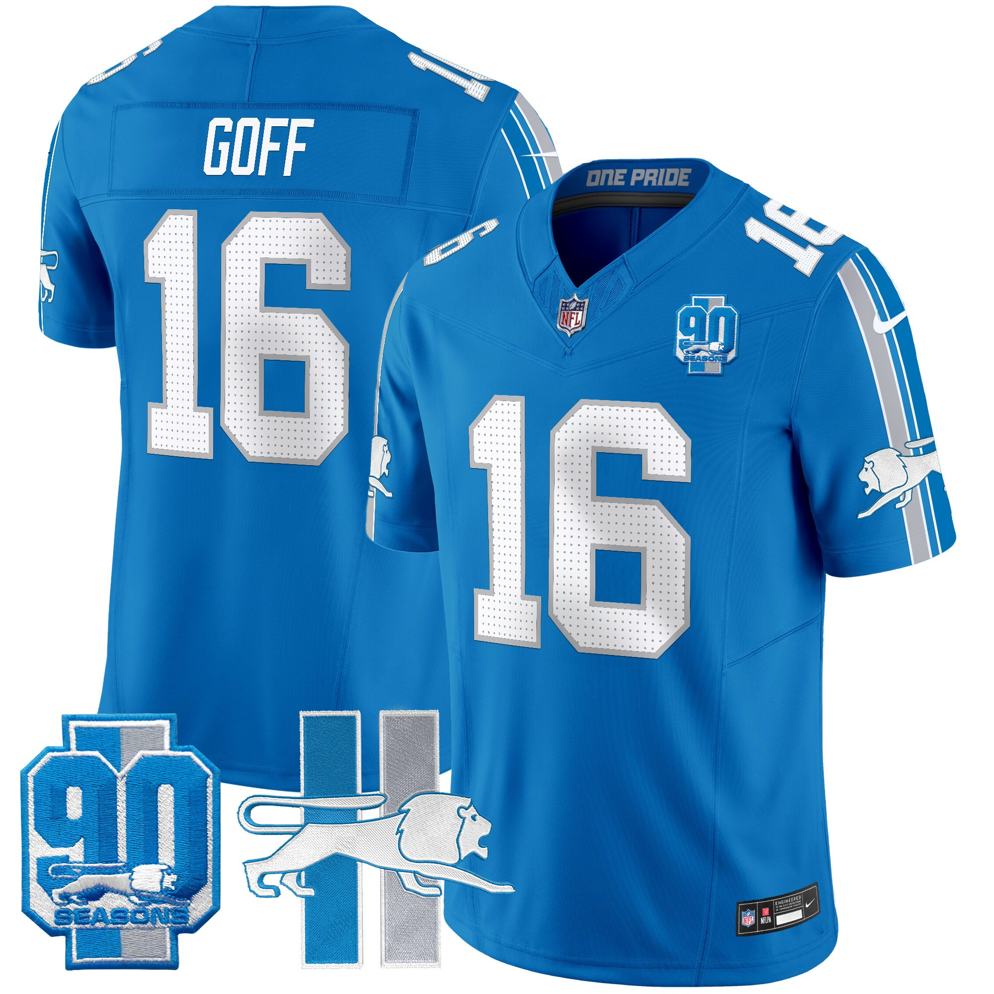 Men's Jared Goff Detroit Lions Throwback 90th Year Patch Vapor Limited Blue Jersey - All Stitched