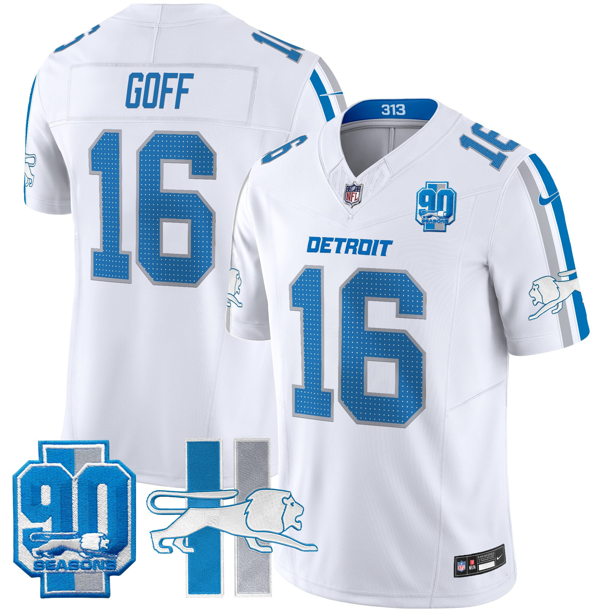 Men's Jared Goff Detroit Lions Throwback 90th Year Patch Vapor Limited White Jersey - All Stitched