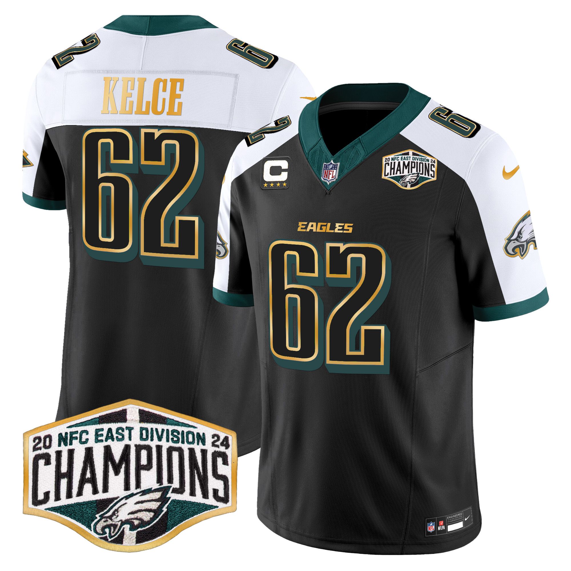 Men's Jason Kelce Philadelphia Eagles 2024 NFC East Division Champions Gold Trim Vapor Limited Black Alternate Jersey - All Stitched