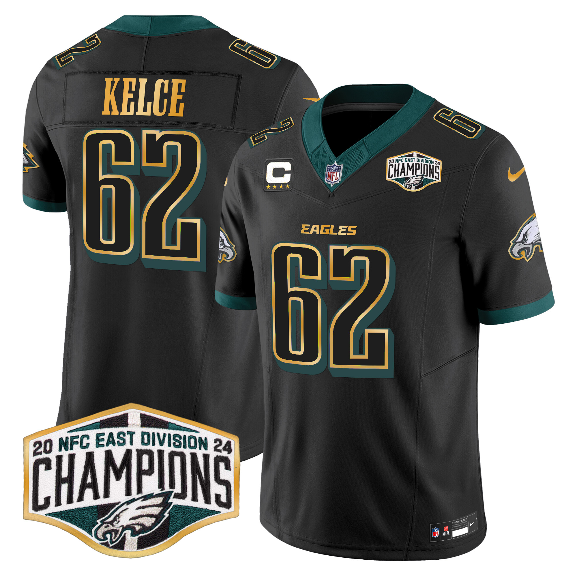 Men's Jason Kelce Philadelphia Eagles 2024 NFC East Division Champions Gold Trim Vapor Limited Black Jersey - All Stitched