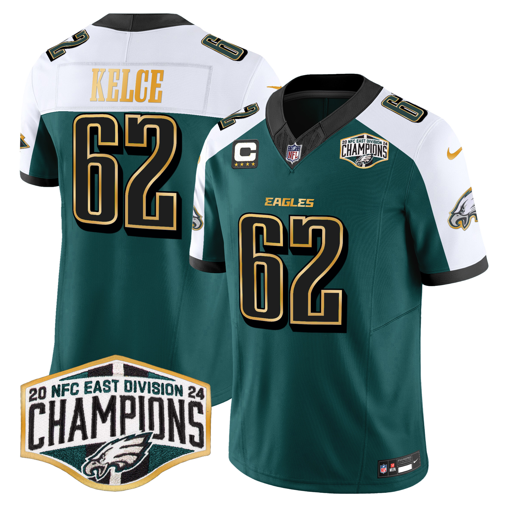 Men's Jason Kelce Philadelphia Eagles 2024 NFC East Division Champions Gold Trim Vapor Limited Green Alternate Jersey - All Stitched