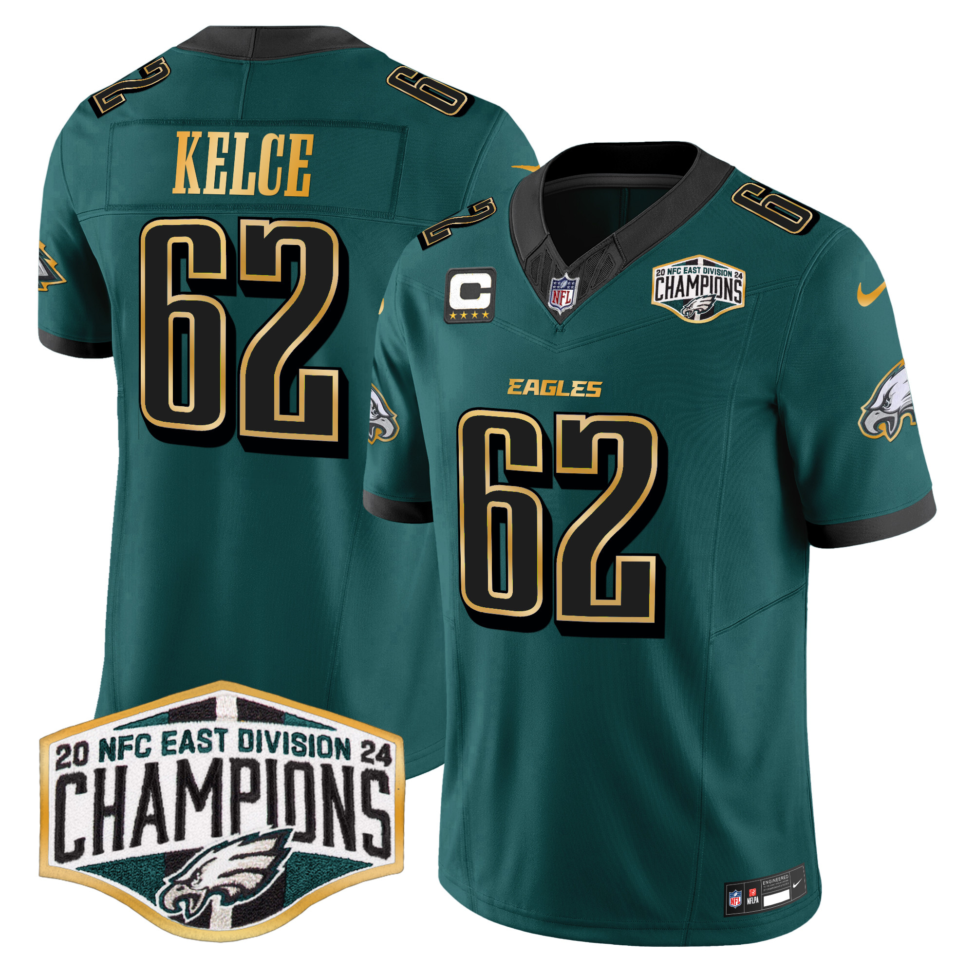 Men's Jason Kelce Philadelphia Eagles 2024 NFC East Division Champions Gold Trim Vapor Limited Midnight Green Jersey - All Stitched