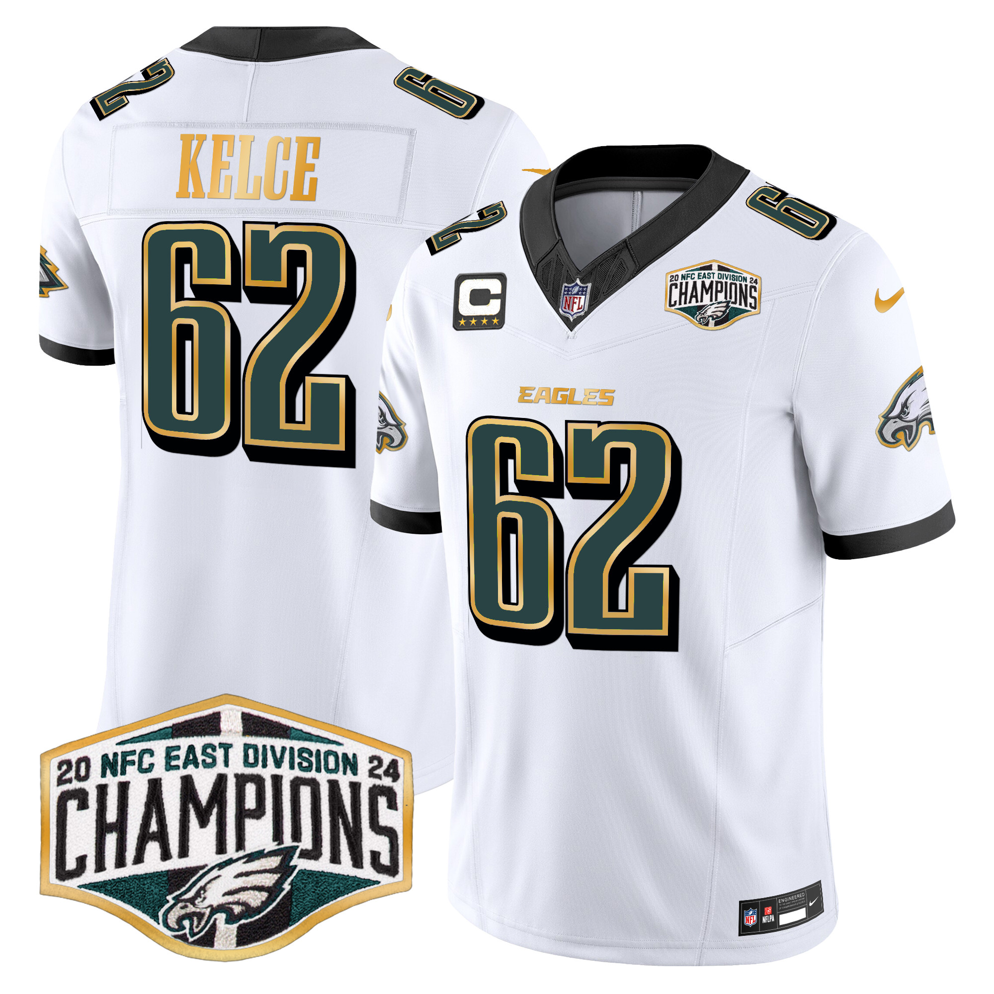 Men's Jason Kelce Philadelphia Eagles 2024 NFC East Division Champions Gold Trim Vapor Limited White Jersey - All Stitched