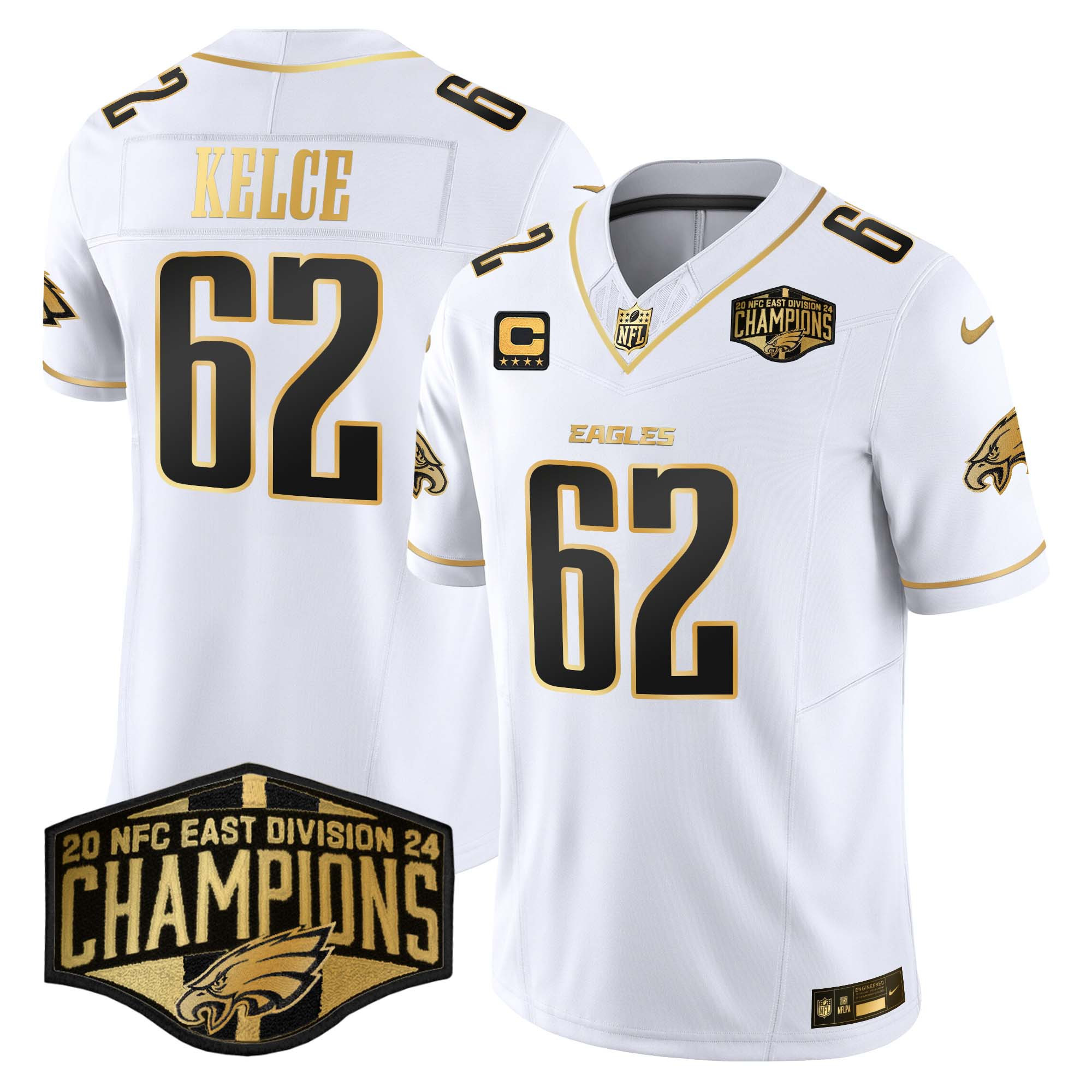 Men's Jason Kelce Philadelphia Eagles 2024 NFC East Division Champions Gold Vapor Limited White Gold Jersey - All Stitched