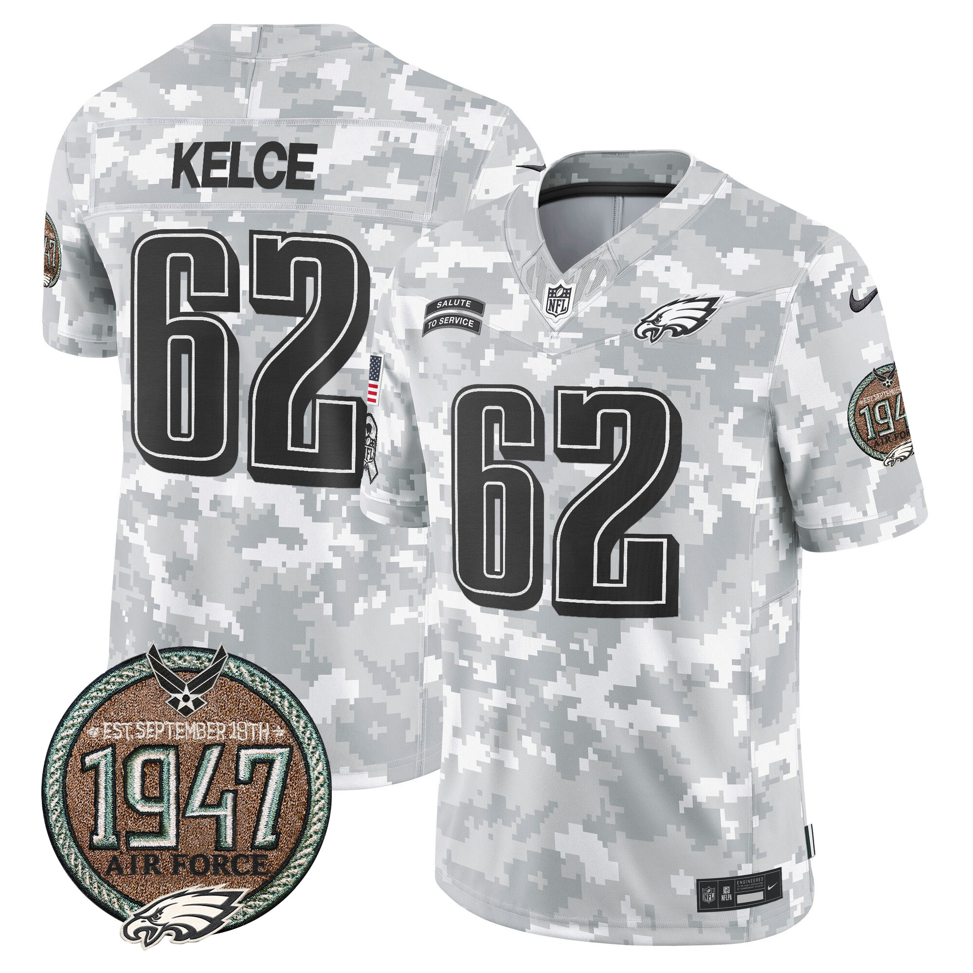 Men's Jason Kelce Philadelphia Eagles 2024 Salute to Service Establishment Year Patch Vapor Limited Air Force Jersey - All Stitched