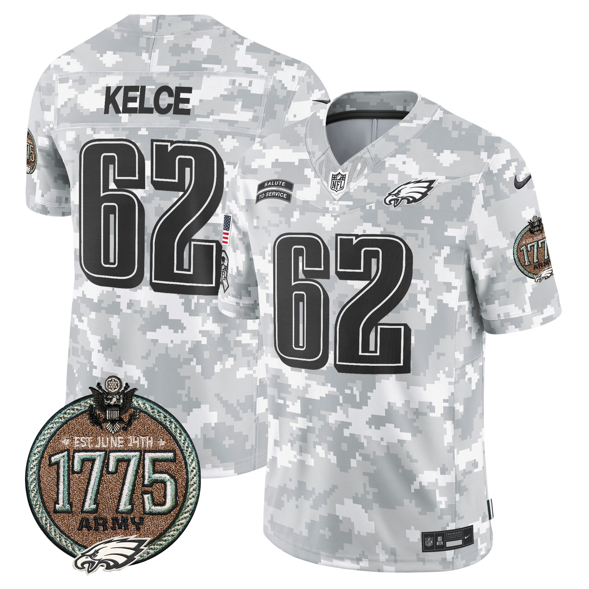 Men's Jason Kelce Philadelphia Eagles 2024 Salute to Service Establishment Year Patch Vapor Limited Army Jersey - All Stitched