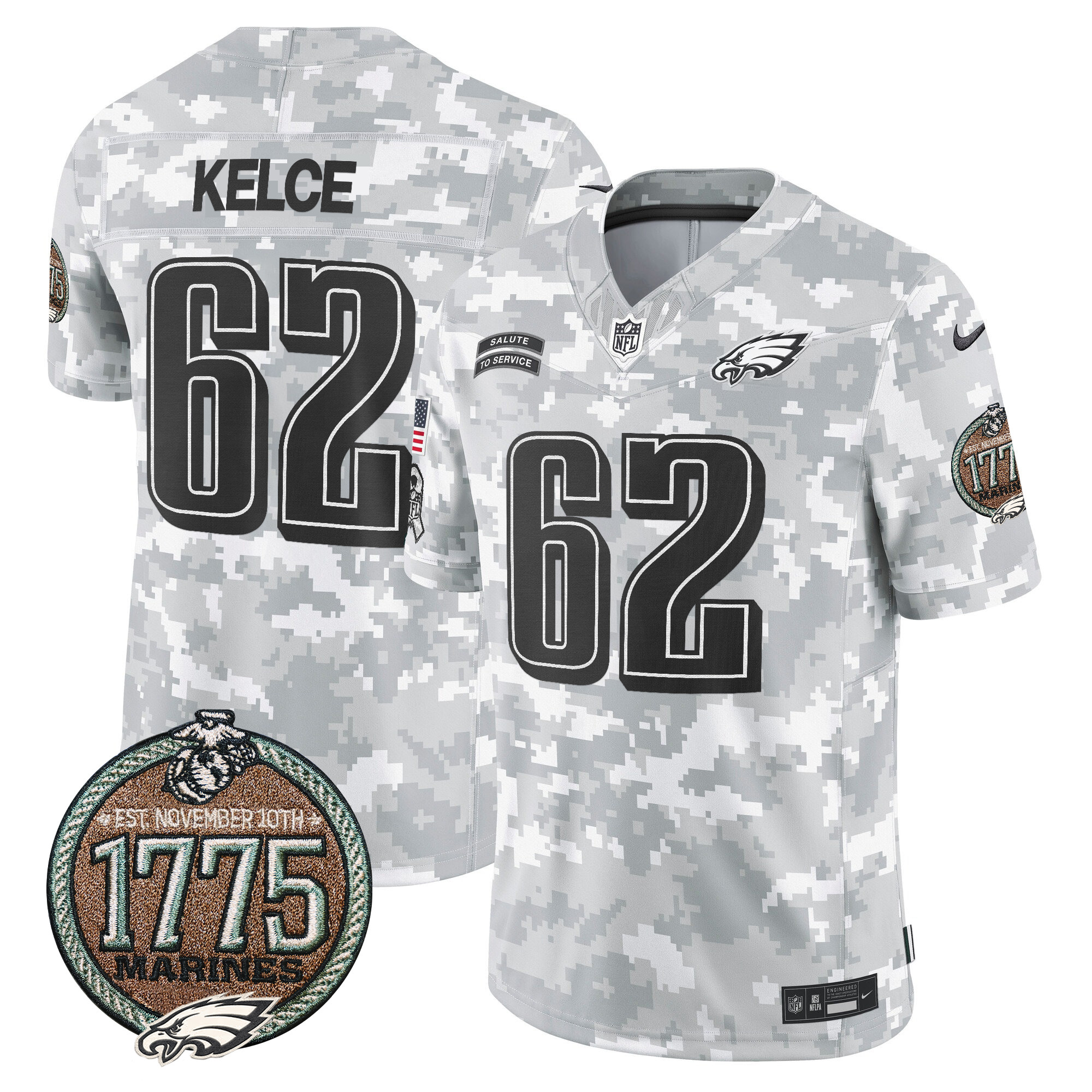 Men's Jason Kelce Philadelphia Eagles 2024 Salute to Service Establishment Year Patch Vapor Limited Marines Jersey - All Stitched