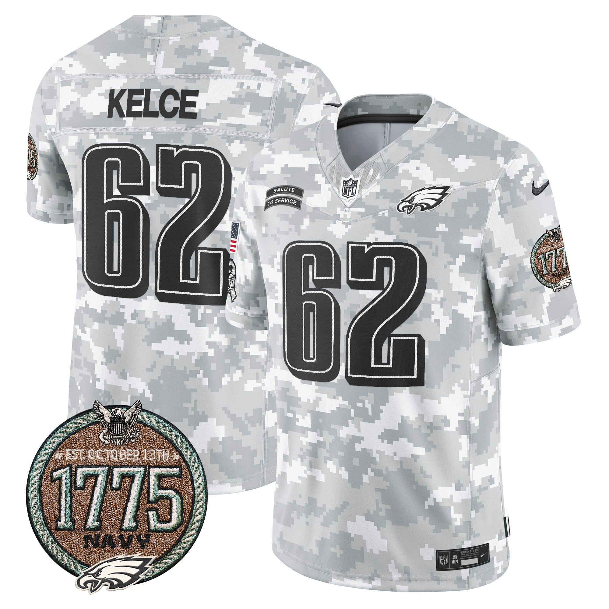 Men's Jason Kelce Philadelphia Eagles 2024 Salute to Service Establishment Year Patch Vapor Limited Navy Jersey - All Stitched