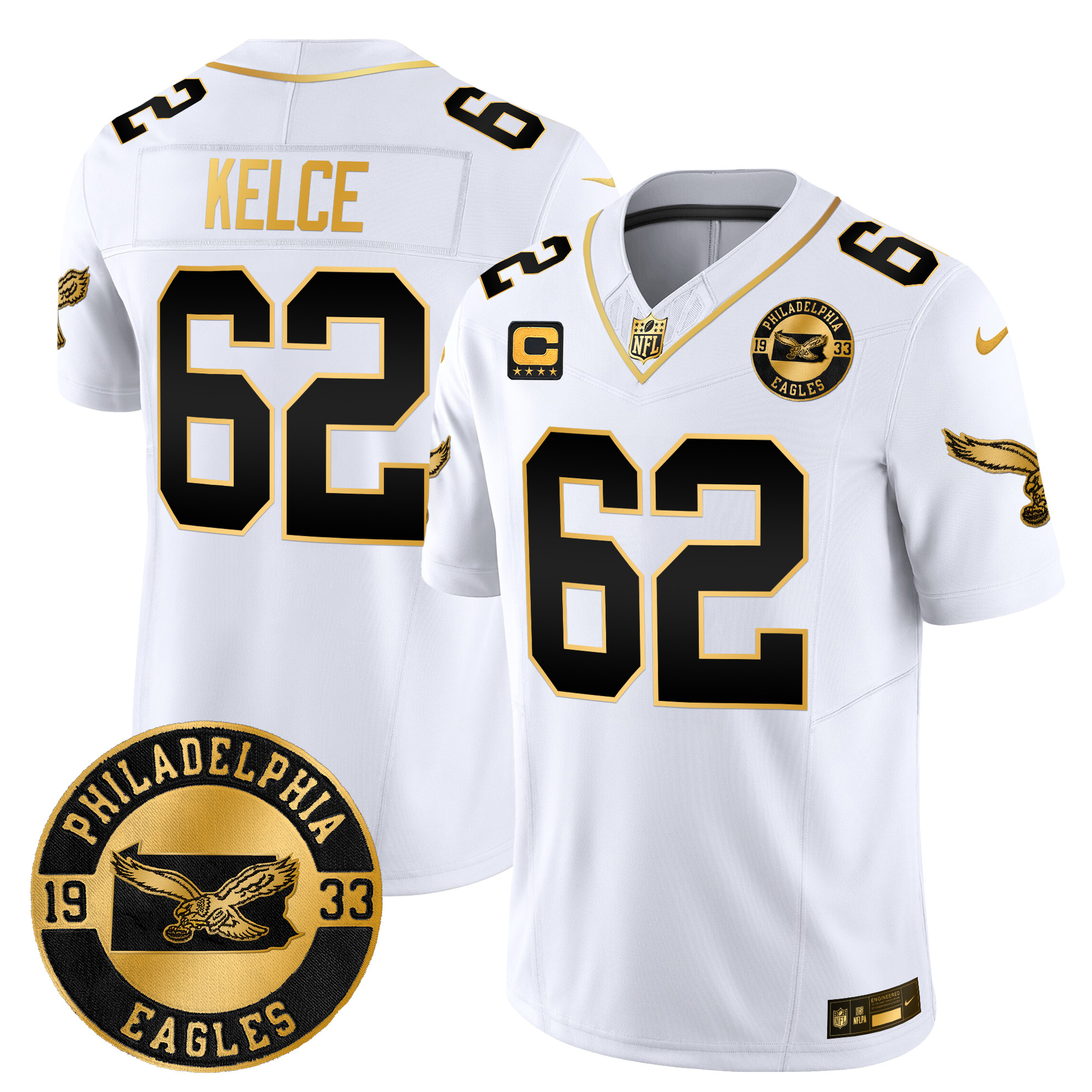 Men's Jason Kelce Philadelphia Eagles 2024 Throwback Gold Vapor Limited White Gold Jersey - All Stitched