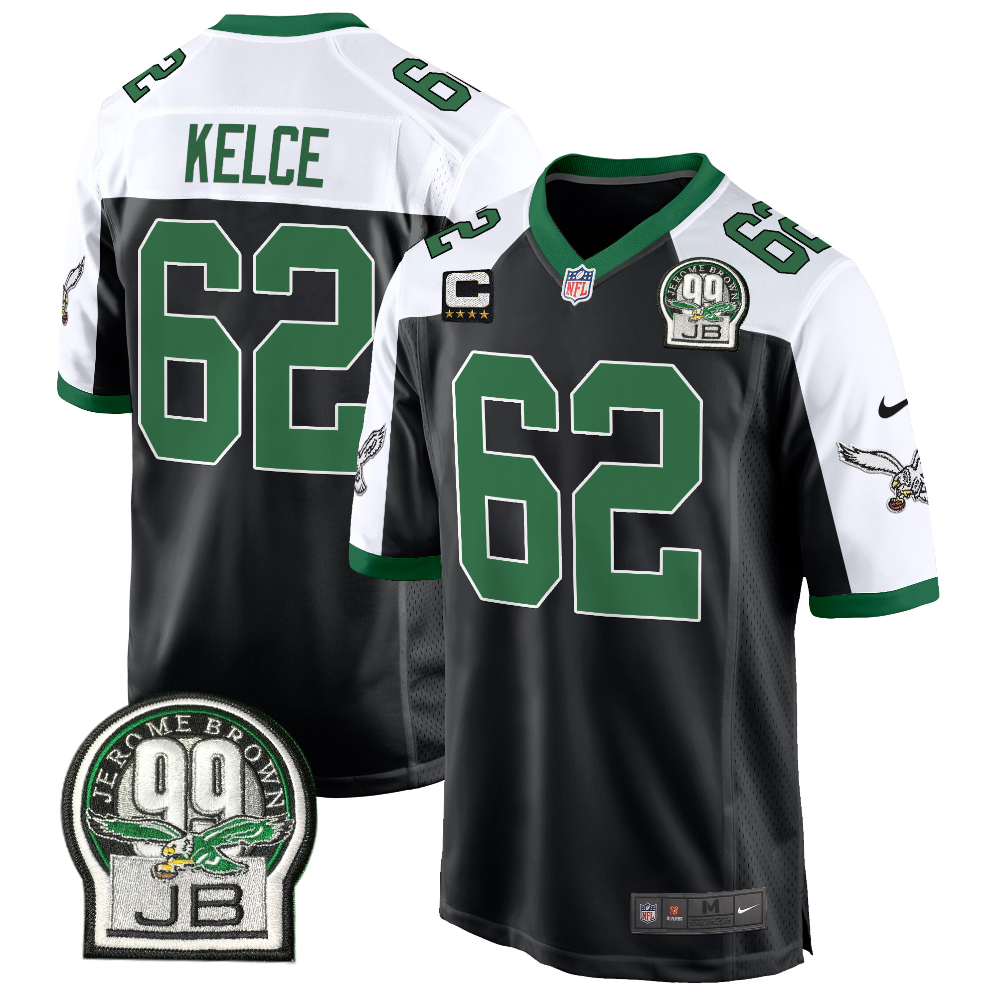 Men's Jason Kelce Philadelphia Eagles Jerome Brown Patch Kelly Green Game Black Alternate Jersey - All Stitched