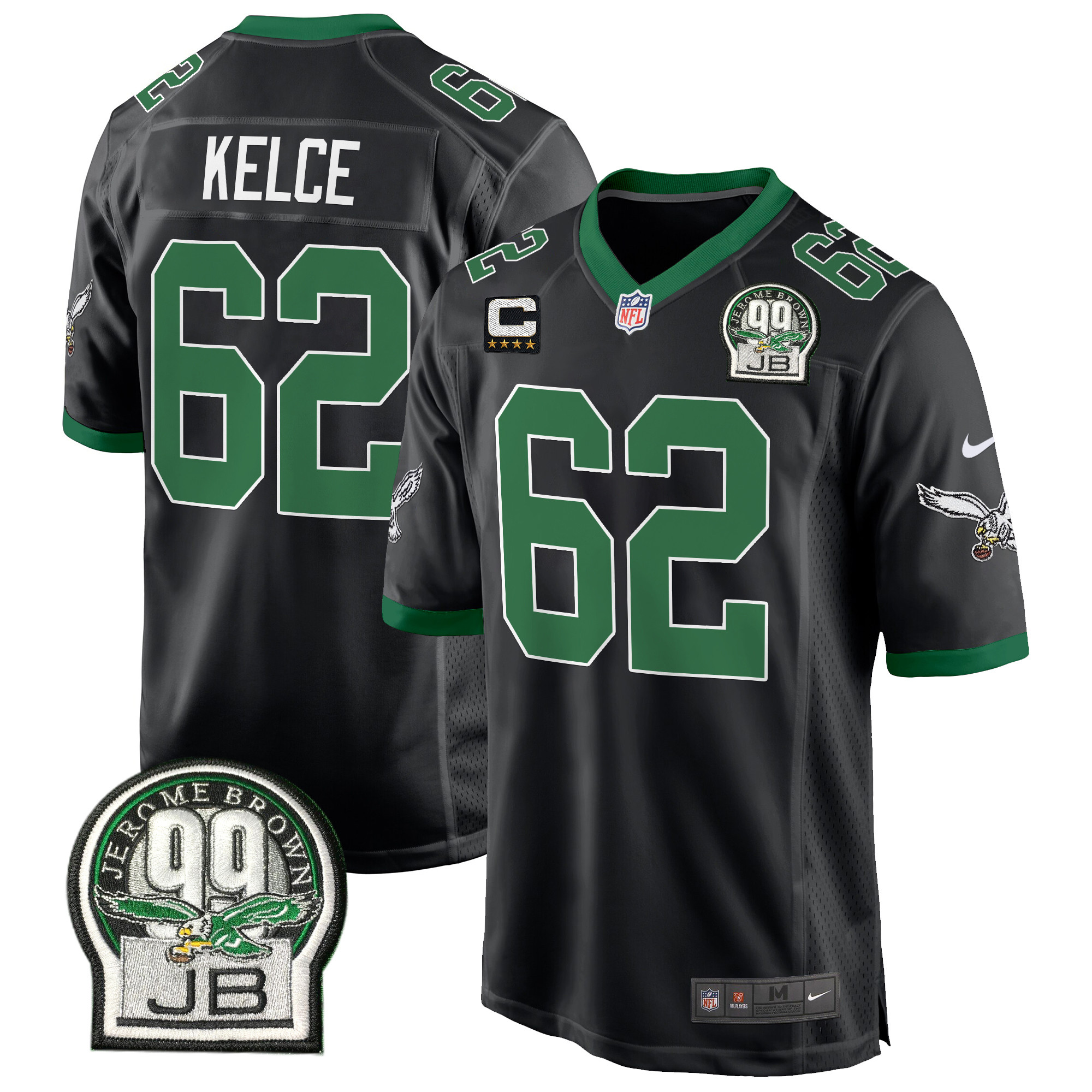 Men's Jason Kelce Philadelphia Eagles Jerome Brown Patch Kelly Green Game Black Jersey - All Stitched