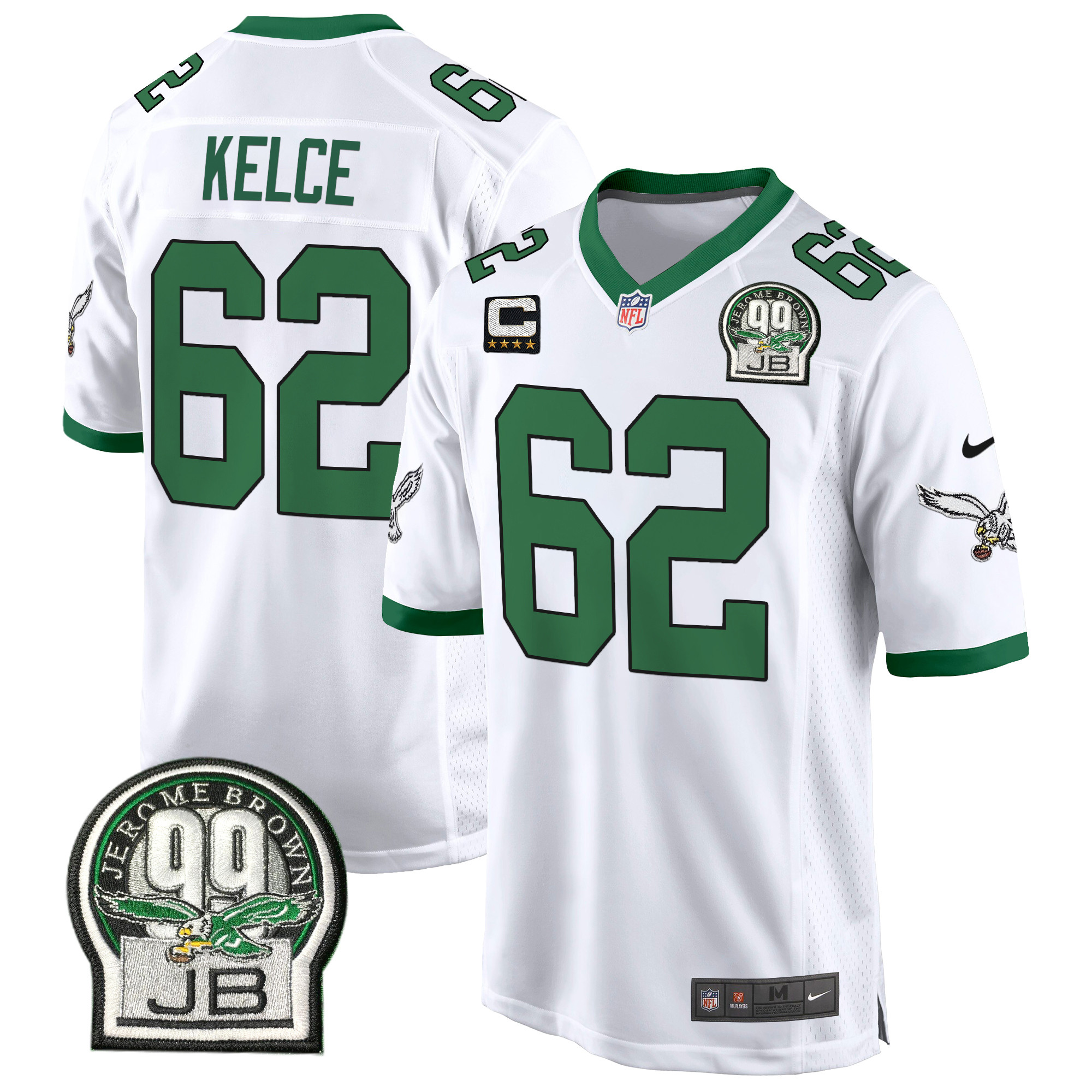 Men's Jason Kelce Philadelphia Eagles Jerome Brown Patch Kelly Green Game Kelly White Jersey - All Stitched