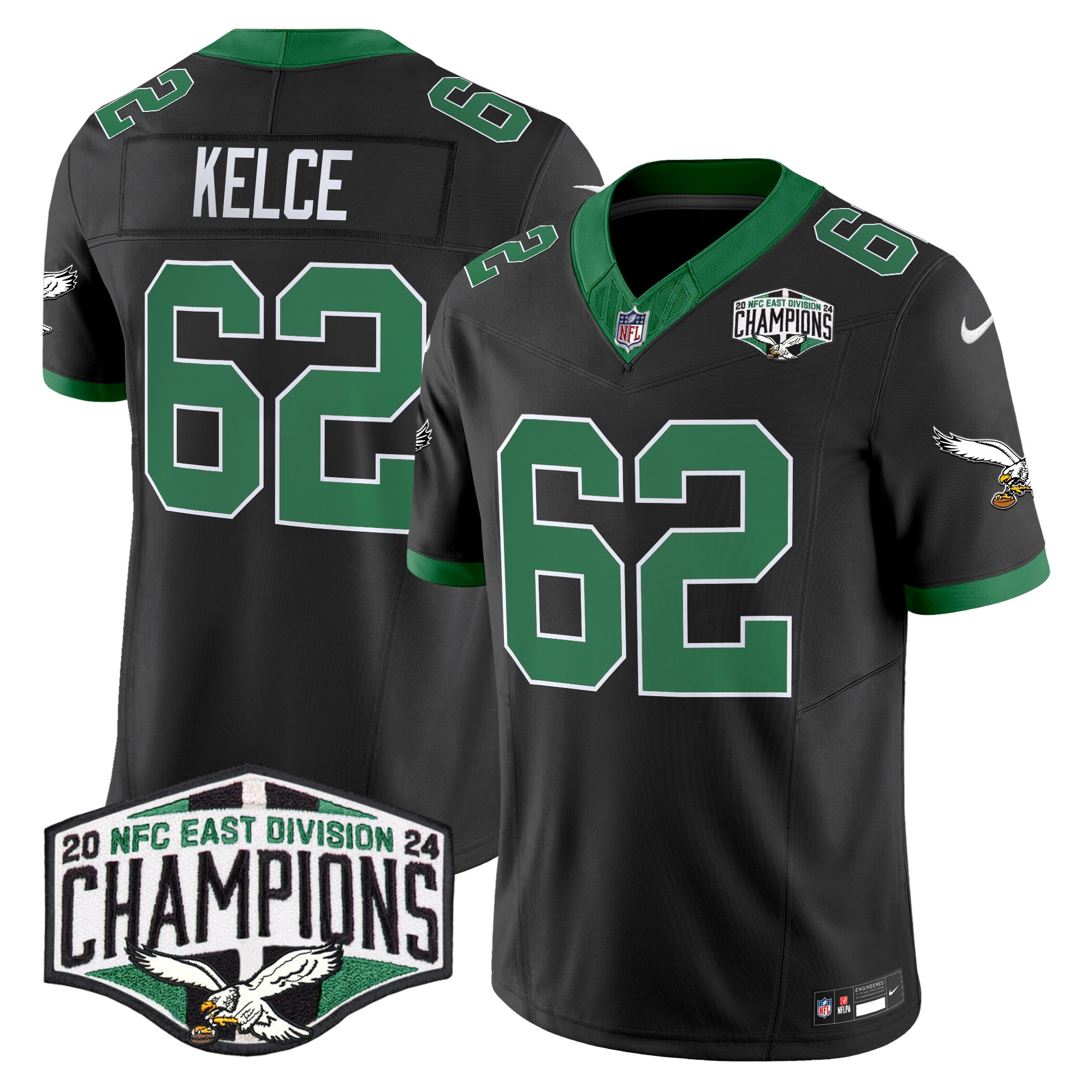 Men's Jason Kelce Philadelphia Eagles Kelly Green 2024 NFC East Division Champions Vapor Limited Black Jersey - All Stitched