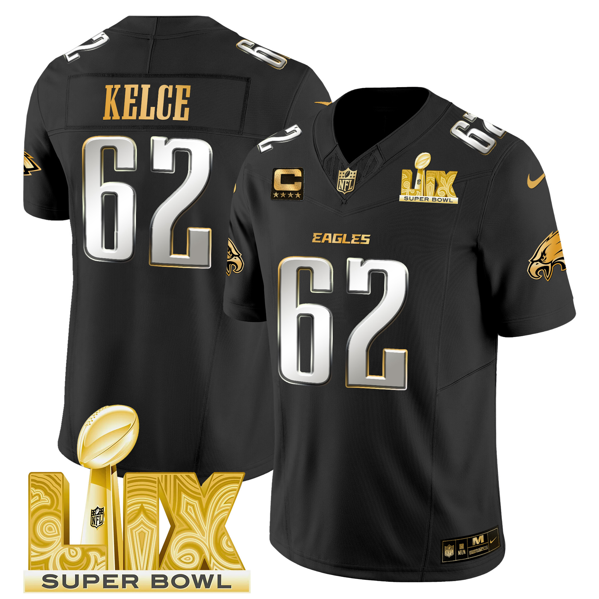 Men's Jason Kelce Philadelphia Eagles Super Bowl LIX Patch Gold Vapor Limited Black Limited Jersey - All Stitched