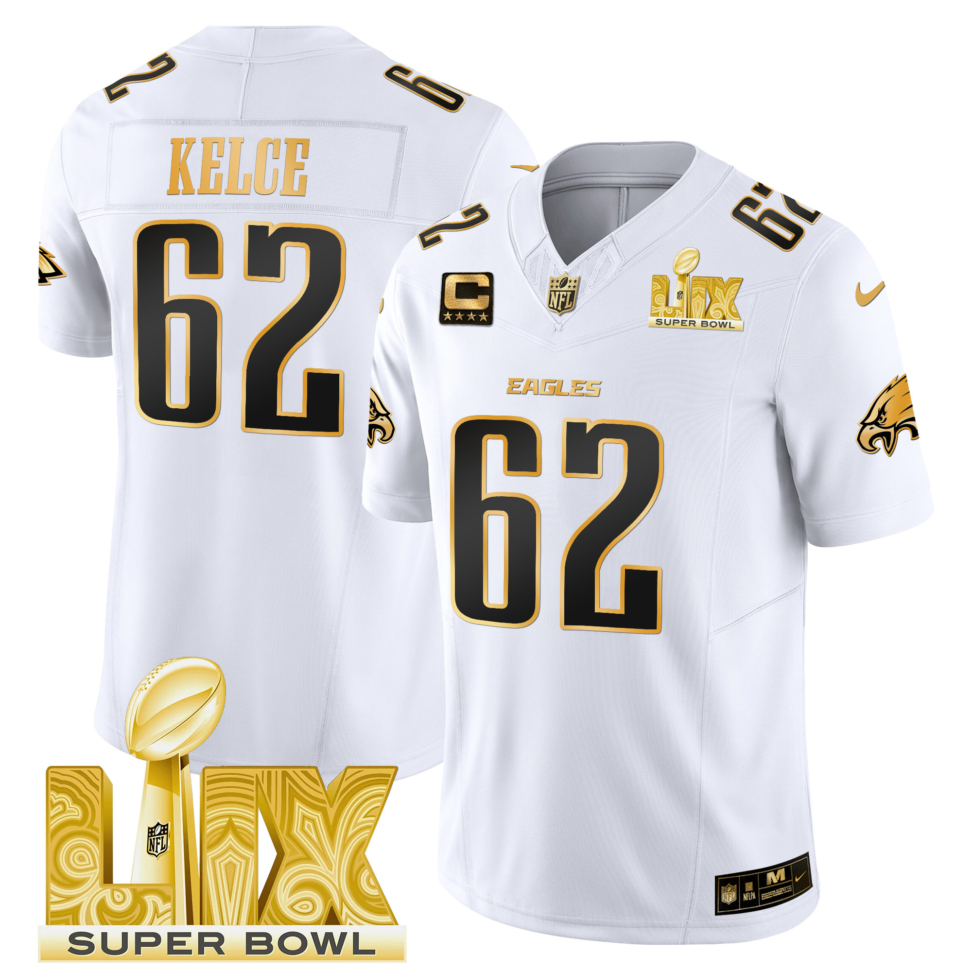 Men's Jason Kelce Philadelphia Eagles Super Bowl LIX Patch Gold Vapor Limited White Gold Jersey - All Stitched