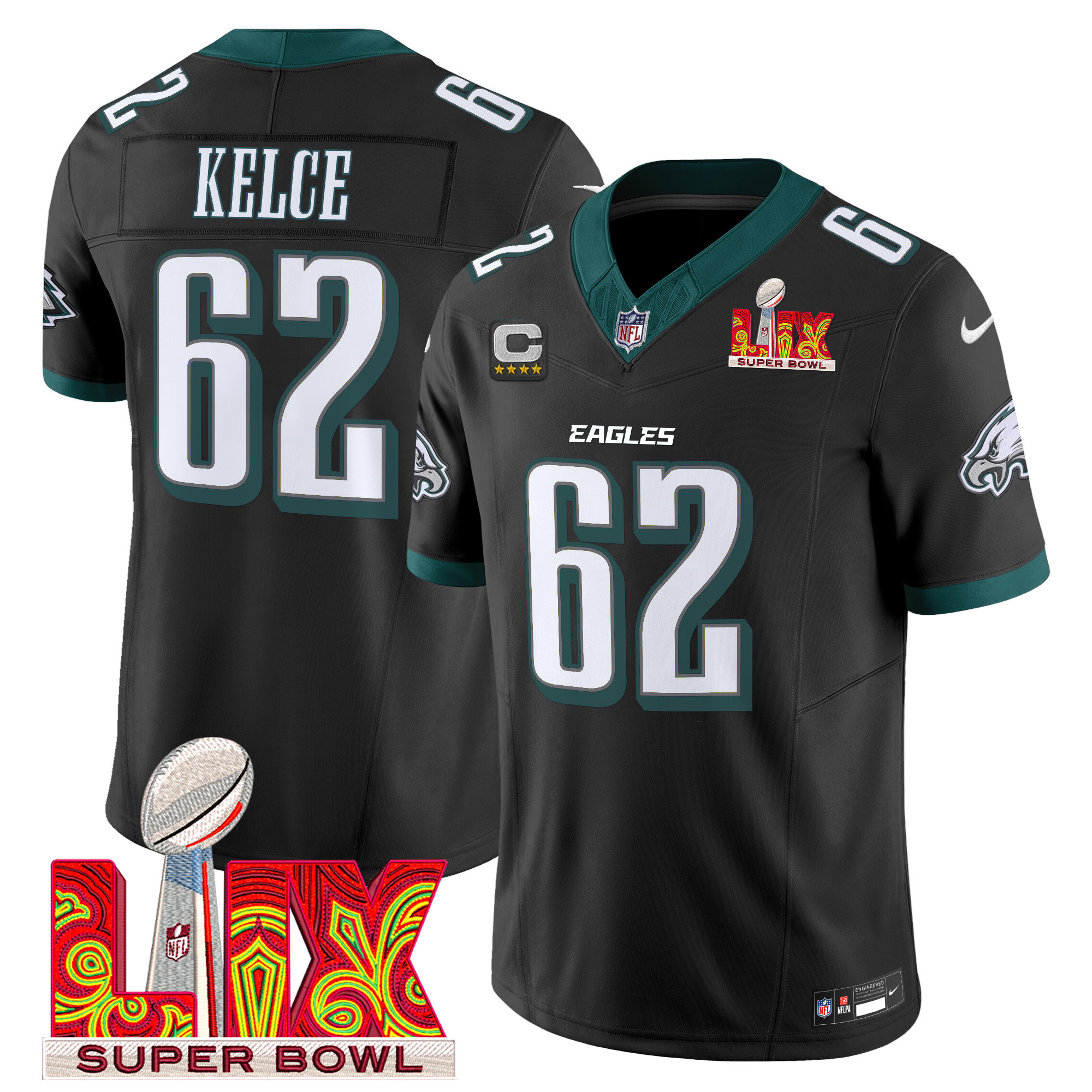 Men's Jason Kelce Philadelphia Eagles Super Bowl LIX Patch Vapor Limited Black Jersey - All Stitched