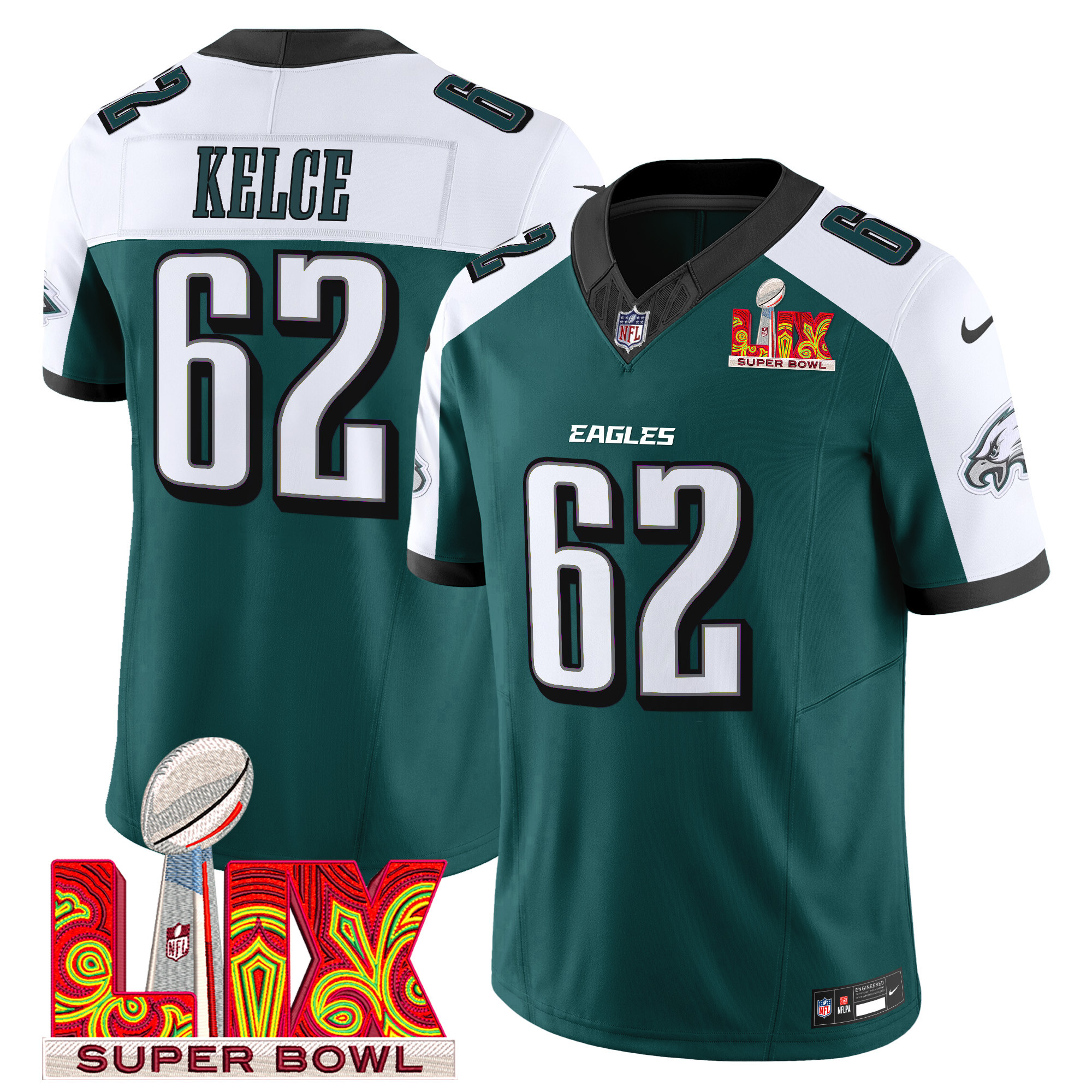 Men's Jason Kelce Philadelphia Eagles Super Bowl LIX Patch Vapor Limited Green Alternate Jersey - All Stitched