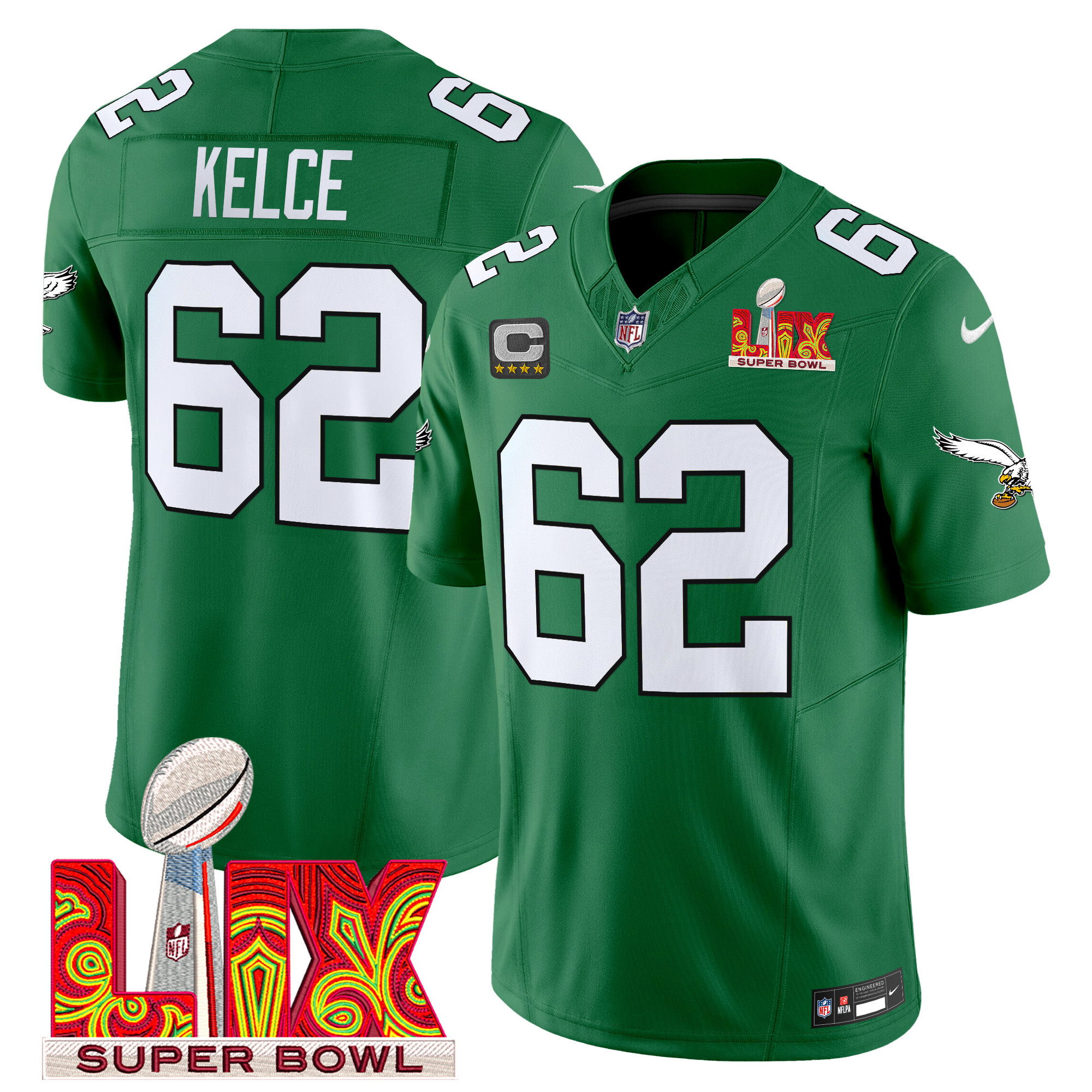 Men's Jason Kelce Philadelphia Eagles Super Bowl LIX Patch Vapor Limited Kelly Green Jersey - All Stitched