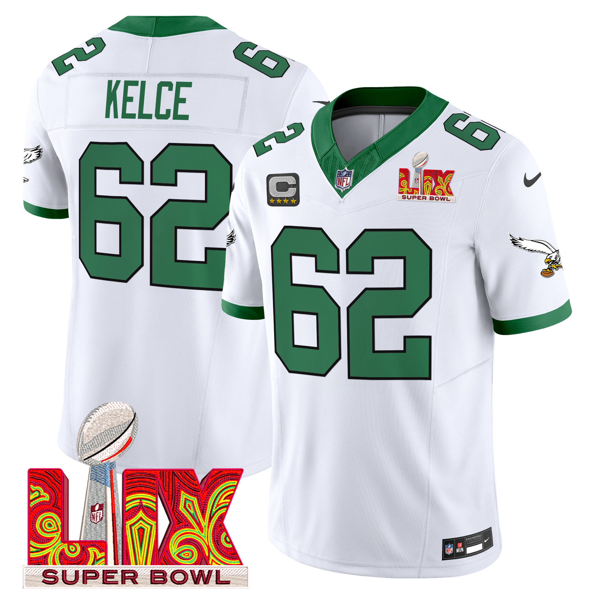 Men's Jason Kelce Philadelphia Eagles Super Bowl LIX Patch Vapor Limited Kelly White Jersey - All Stitched
