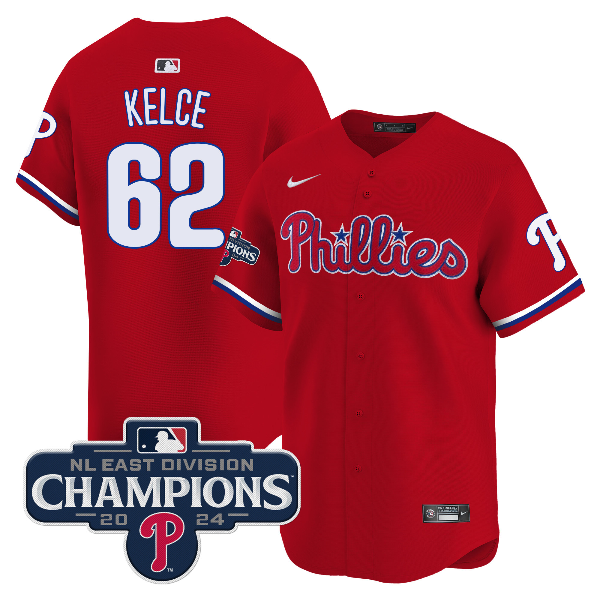 Men's Jason Kelce Philadelphia Phillies 2024 NL East Division Champions Gold Vapor Premier Limited Red Jersey - All Stitched