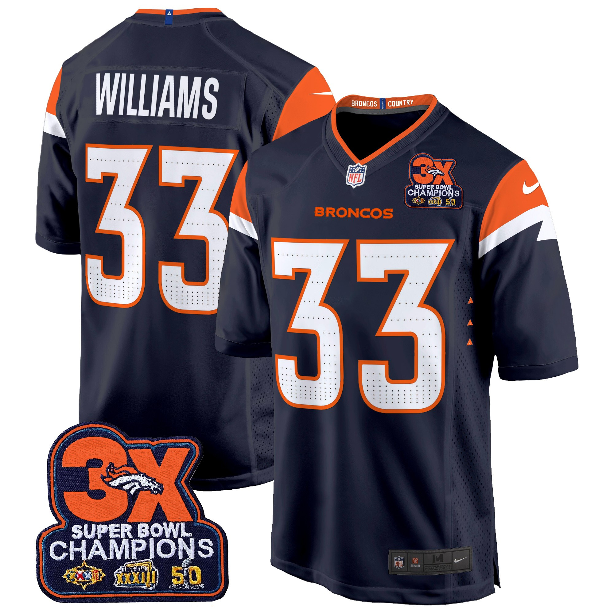 Men's Javonte Williams Denver Broncos 3-Time Champions Patch Game Navy Jersey - All Stitched