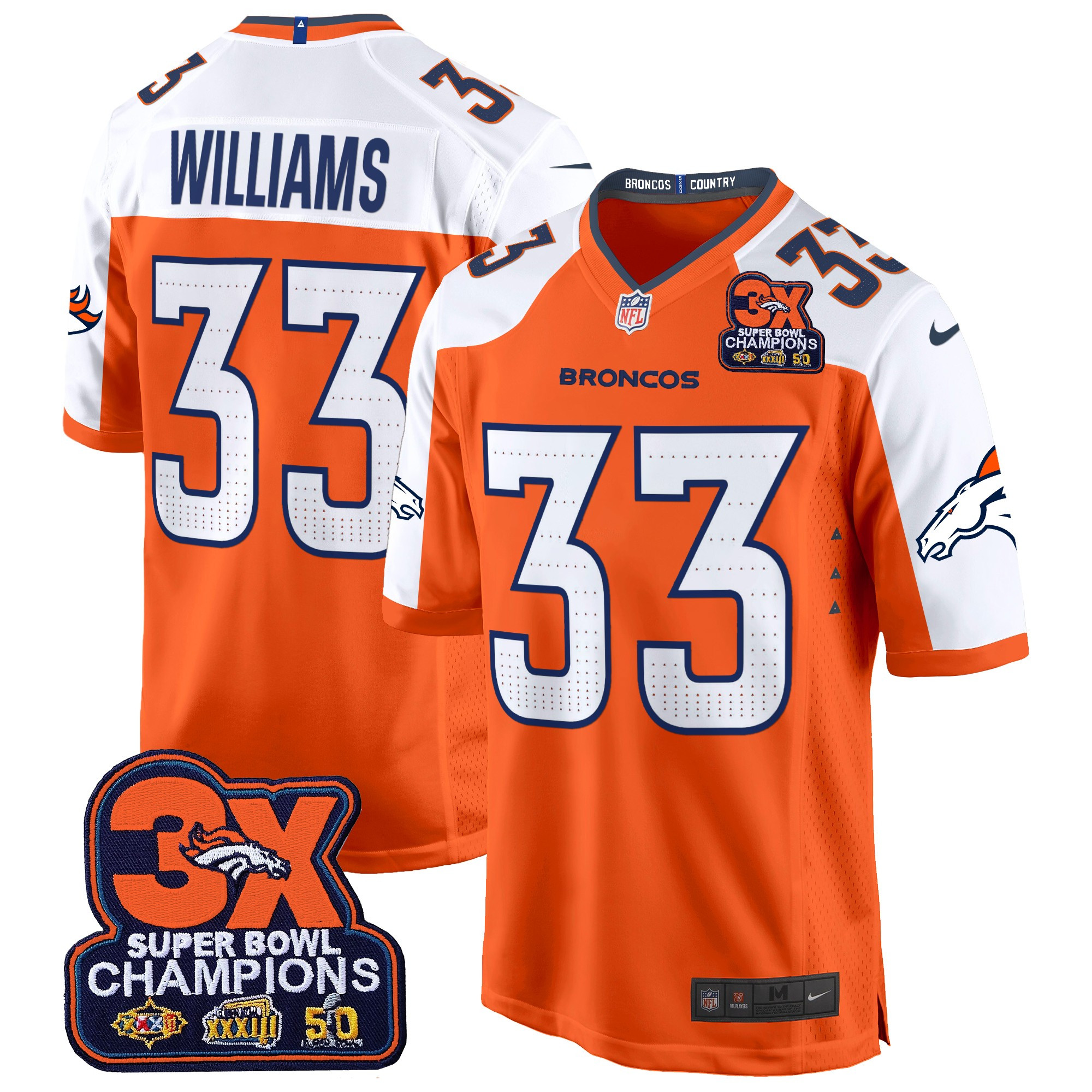 Men's Javonte Williams Denver Broncos 3-Time Champions Patch Game Orange Alternate Jersey - All Stitched