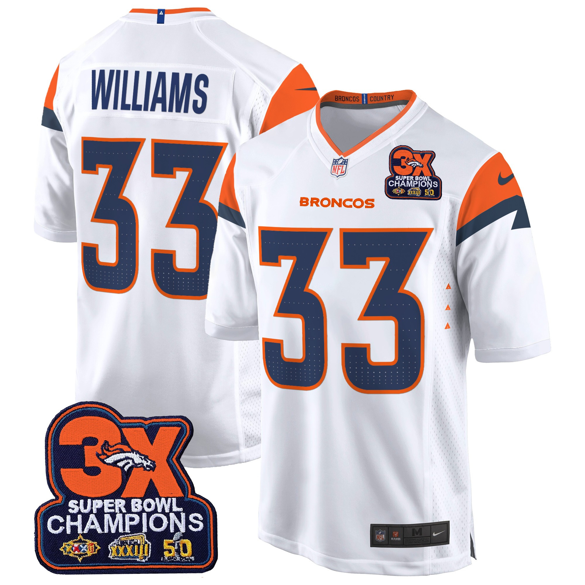 Men's Javonte Williams Denver Broncos 3-Time Champions Patch Game White Jersey - All Stitched