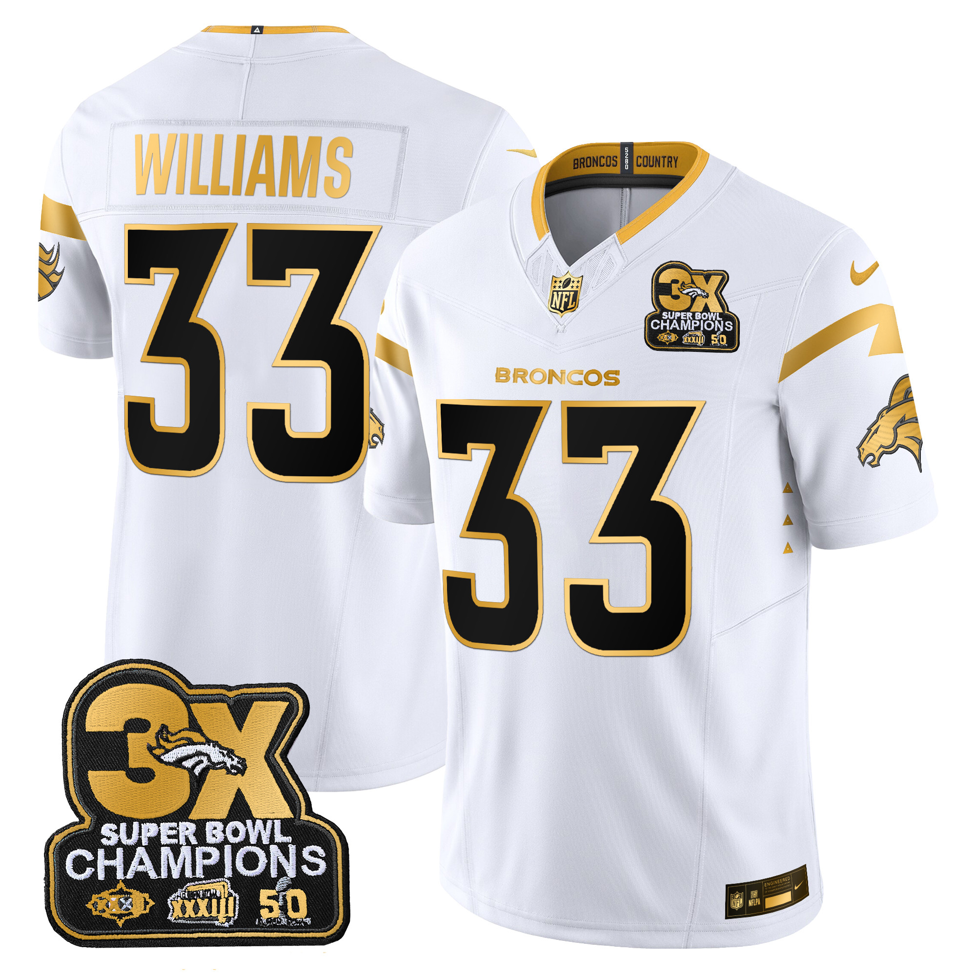 Men's Javonte Williams Denver Broncos 3-Time Champions Patch Gold Vapor Limited White Gold Jersey - All Stitched